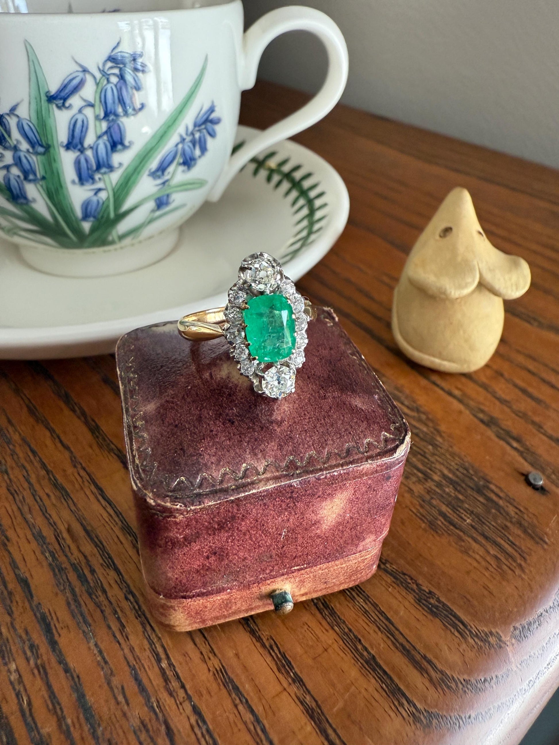 Boxed French Antique Natural Zambia EMERALD w/ Cert & 1.1Ctw Old Mine Cut DIAMOND Halo Ring 18k Gold Platinum Green Belle Epoque Gift OMC