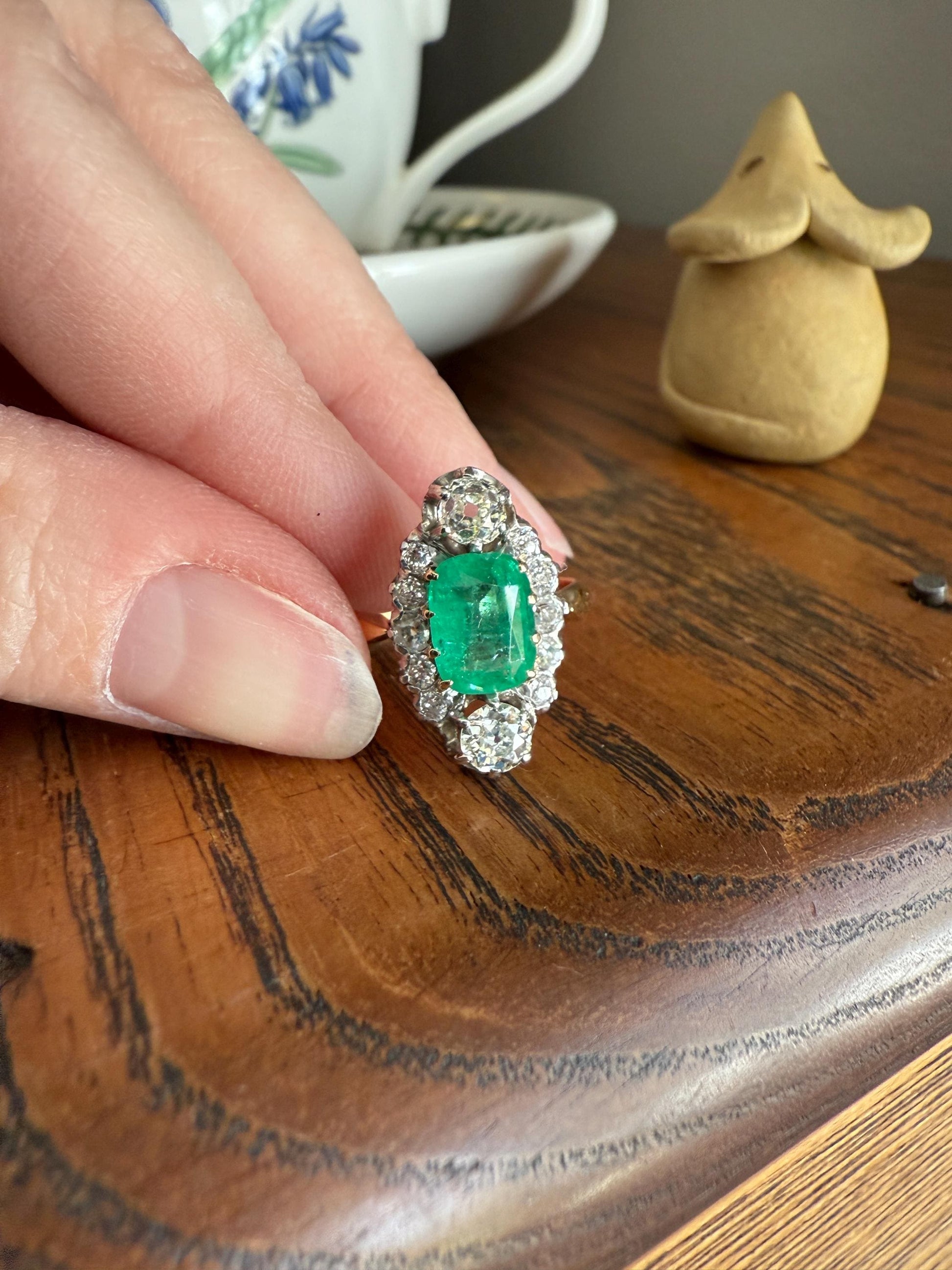 Boxed French Antique Natural Zambia EMERALD w/ Cert & 1.1Ctw Old Mine Cut DIAMOND Halo Ring 18k Gold Platinum Green Belle Epoque Gift OMC