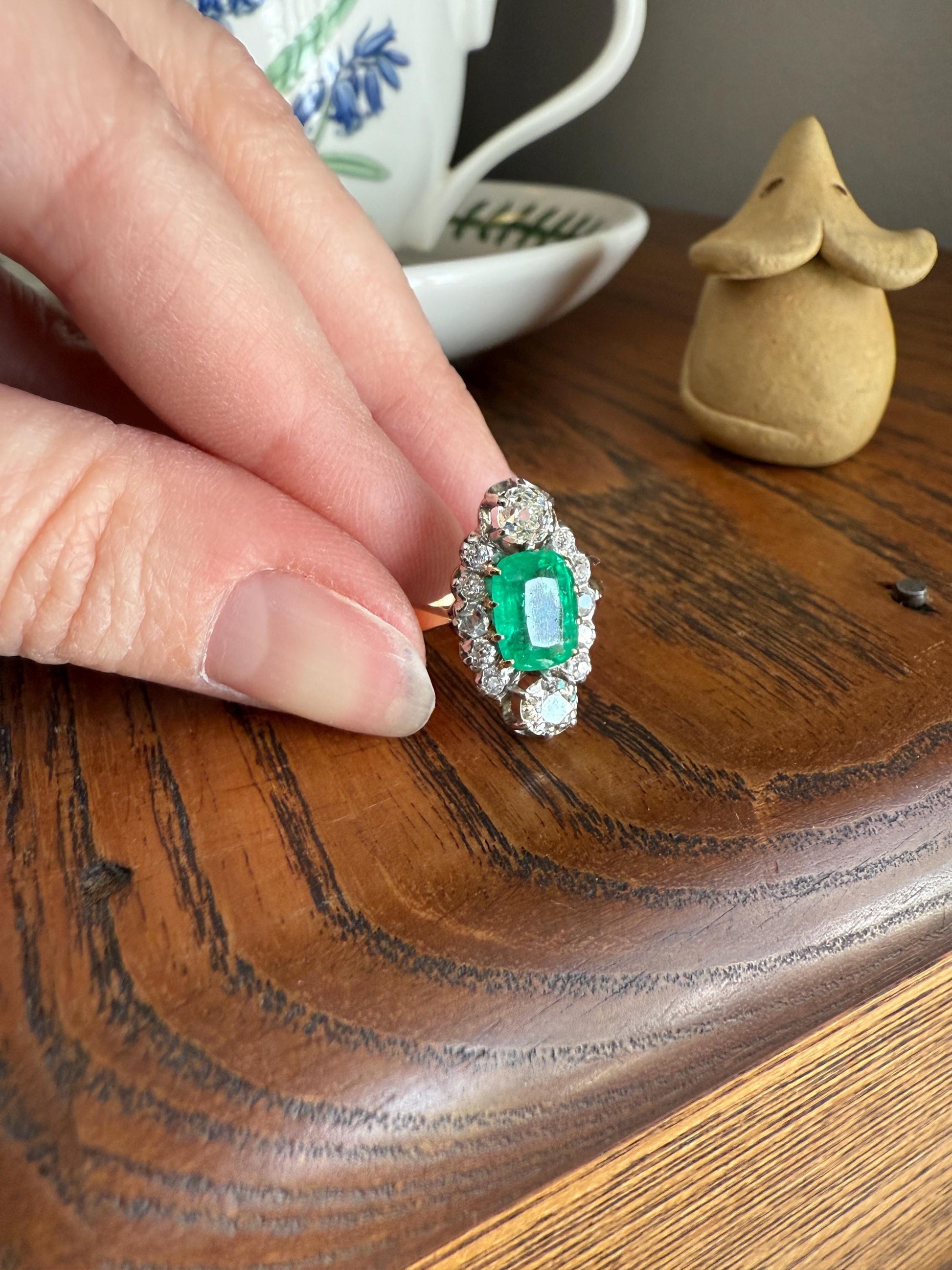 Boxed French Antique Natural Zambia EMERALD w/ Cert & 1.1Ctw Old Mine Cut DIAMOND Halo Ring 18k Gold Platinum Green Belle Epoque Gift OMC