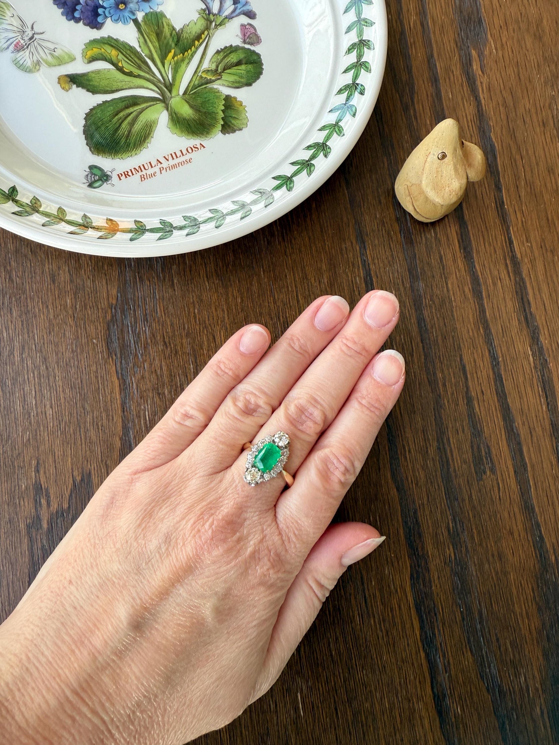 Boxed French Antique Natural Zambia EMERALD w/ Cert & 1.1Ctw Old Mine Cut DIAMOND Halo Ring 18k Gold Platinum Green Belle Epoque Gift OMC