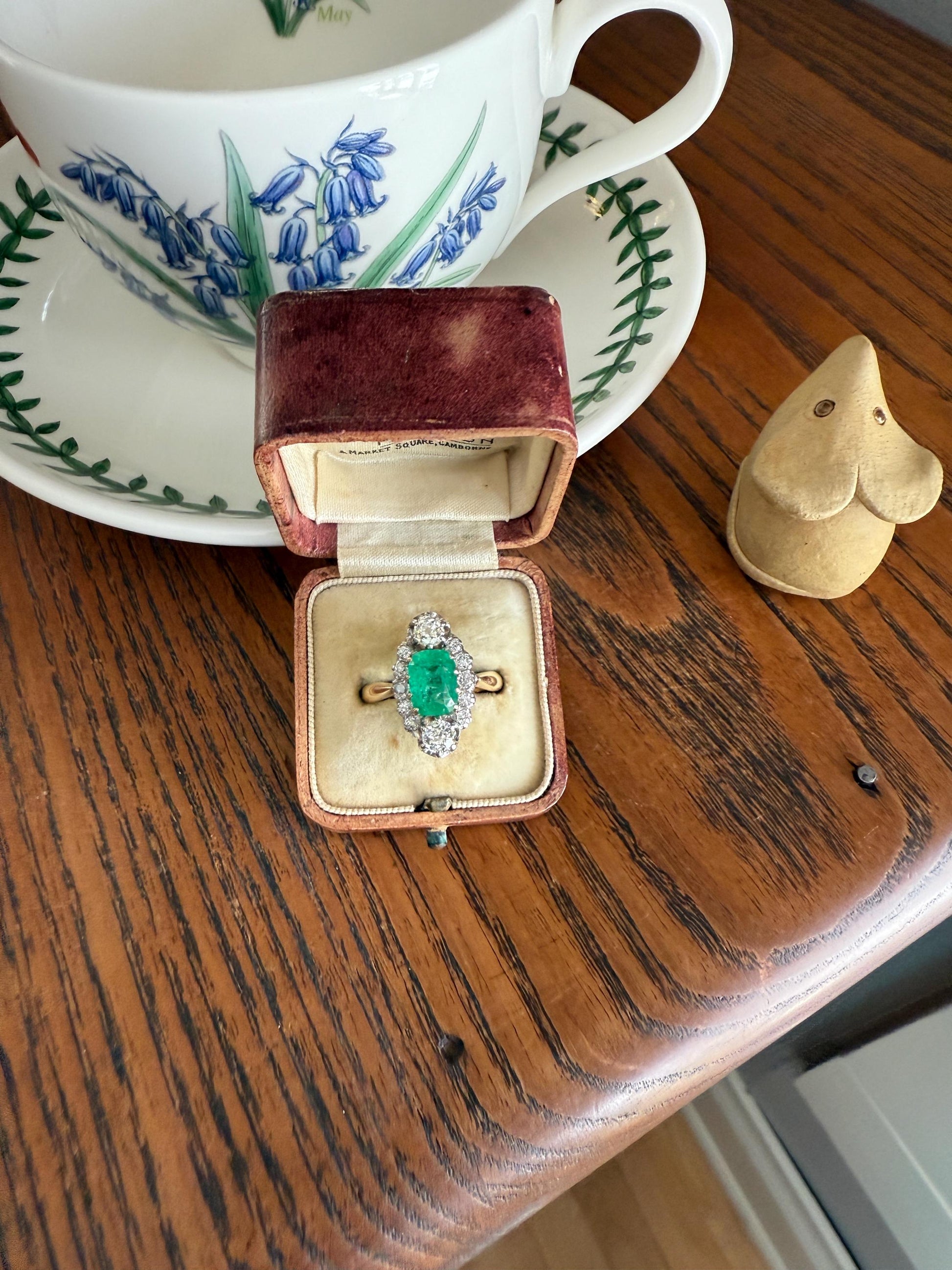 Boxed French Antique Natural Zambia EMERALD w/ Cert & 1.1Ctw Old Mine Cut DIAMOND Halo Ring 18k Gold Platinum Green Belle Epoque Gift OMC