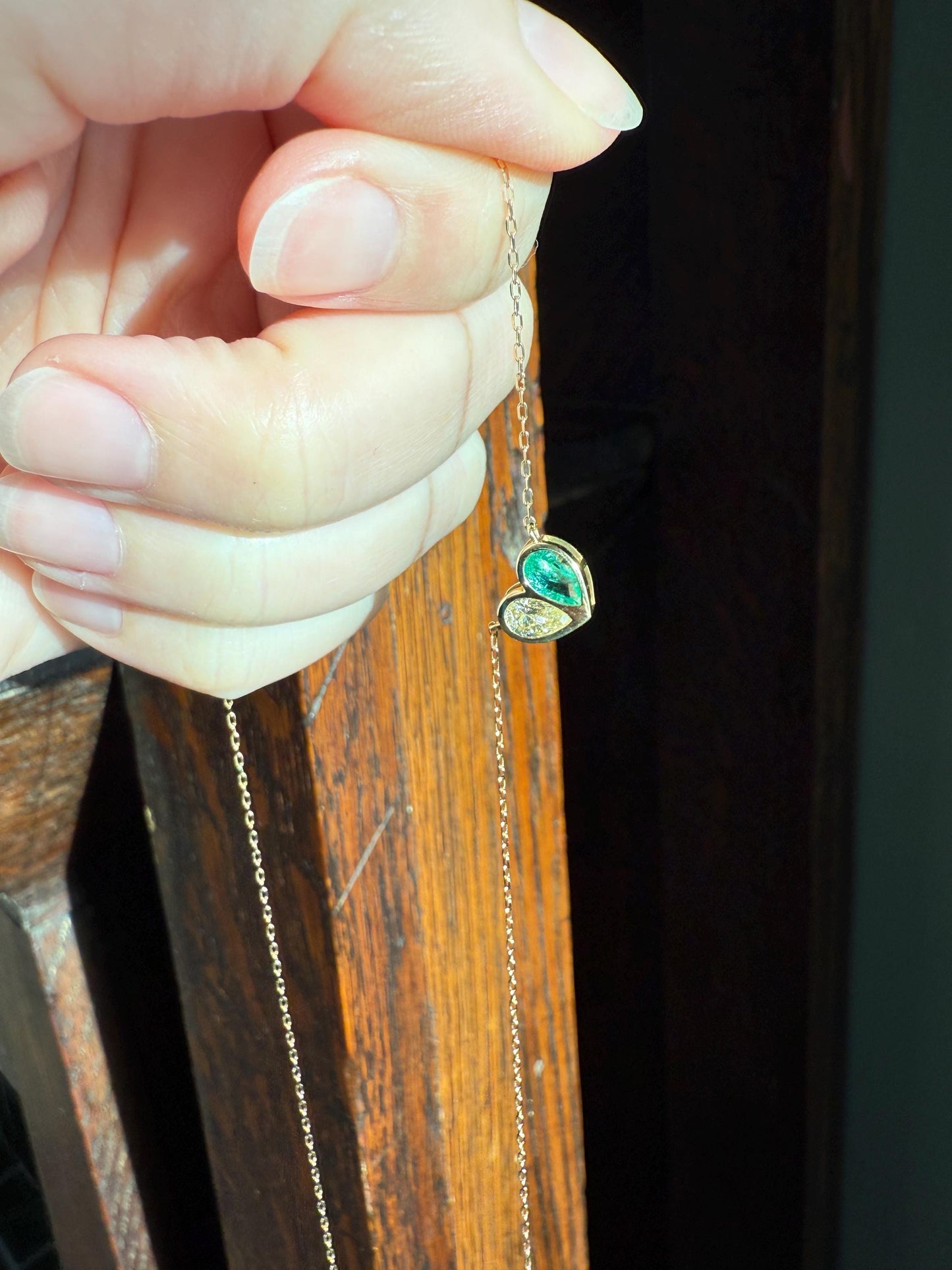 Vintage 18k Gold Fancy Light Yellow PEAR Diamond Natural EMERALD Heart Pendant Toi et Moi Necklace Green Figural Sparkle Fixed Chain