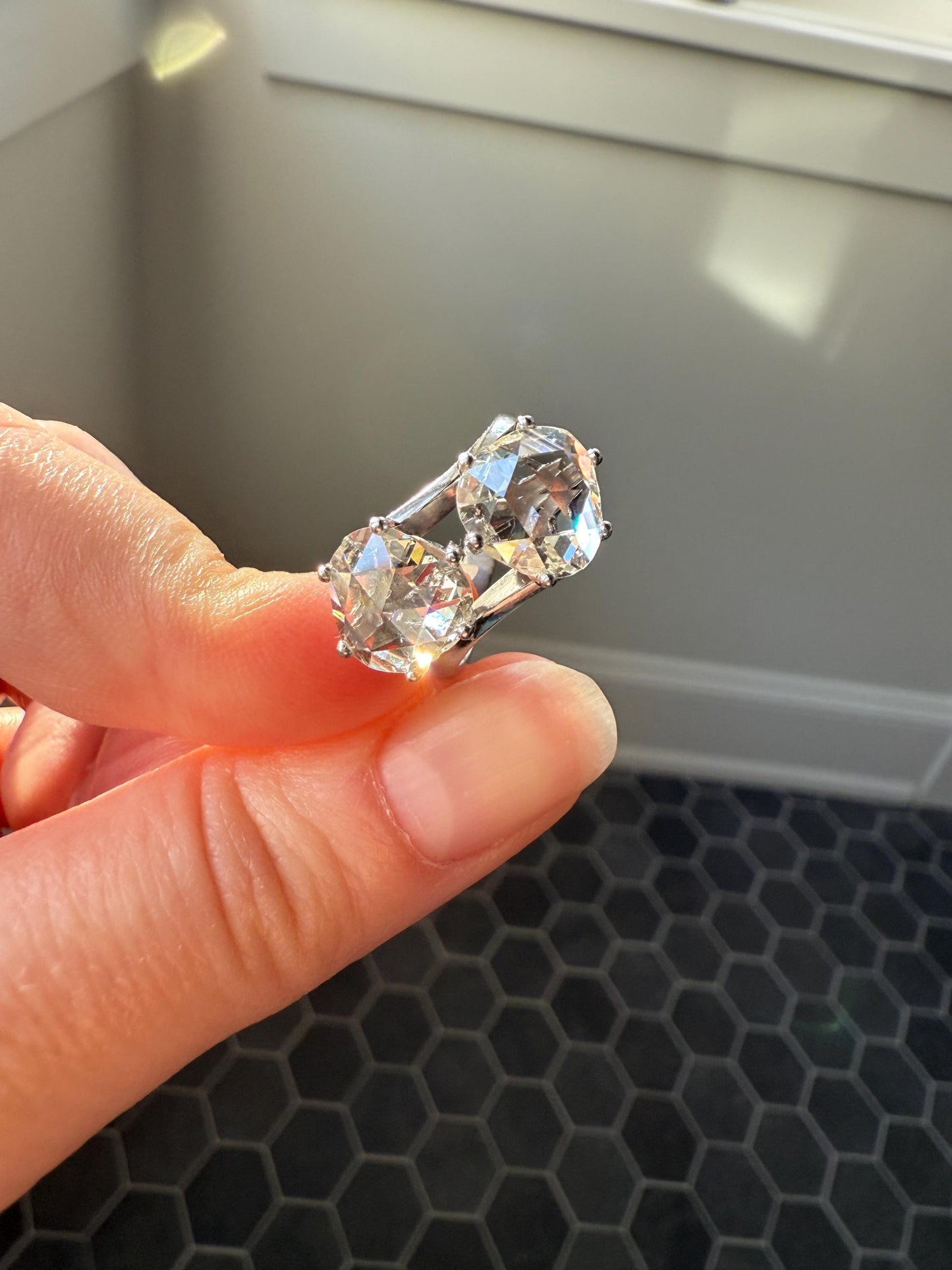 Antique Rose Cut DIAMOND Toi et Moi Ring In Box Double Disco Ball 5.5 Carat Face Up Spready Pear 14k White Gold French Art Deco Tall Ring