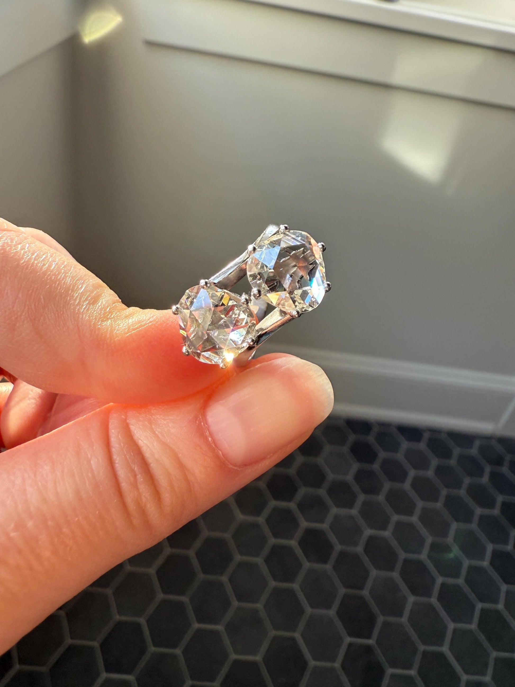 Antique Rose Cut DIAMOND Toi et Moi Ring In Box Double Disco Ball 5.5 Carat Face Up Spready Pear 14k White Gold French Art Deco Tall Ring