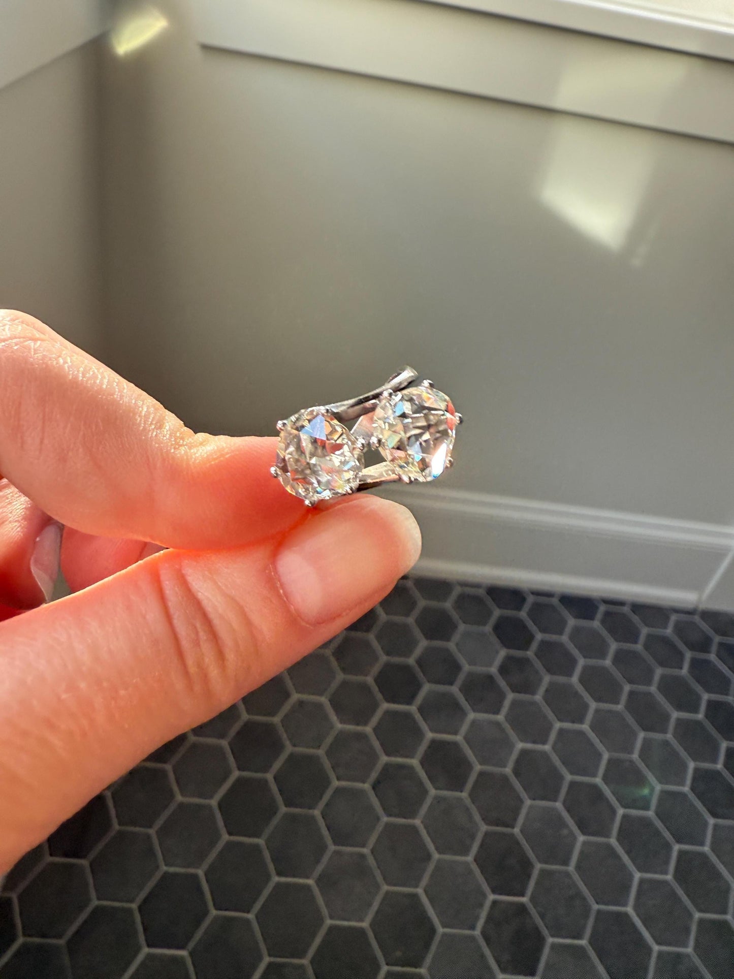 Antique Rose Cut DIAMOND Toi et Moi Ring In Box Double Disco Ball 5.5 Carat Face Up Spready Pear 14k White Gold French Art Deco Tall Ring