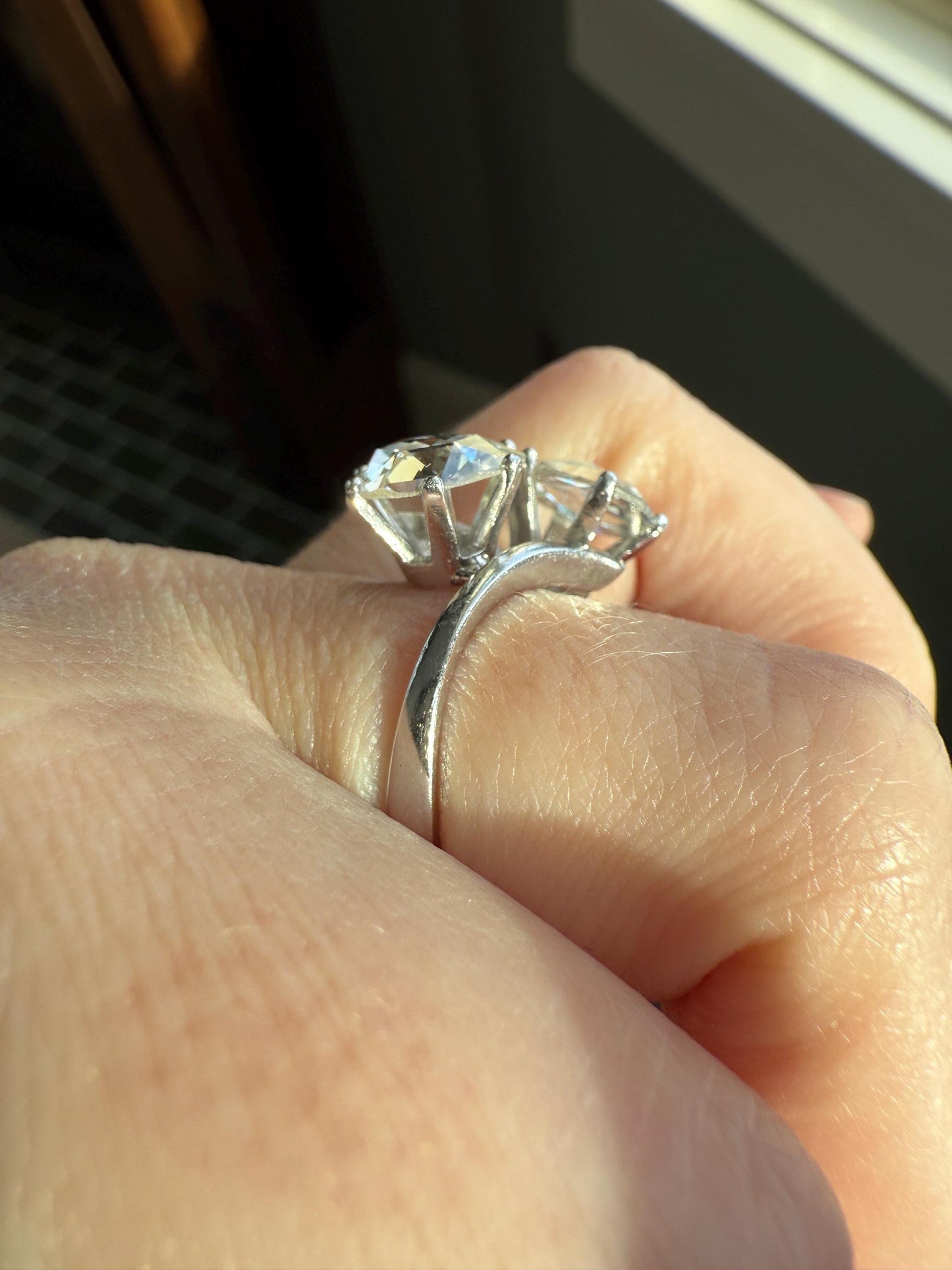 Antique Rose Cut DIAMOND Toi et Moi Ring In Box Double Disco Ball 5.5 Carat Face Up Spready Pear 14k White Gold French Art Deco Tall Ring