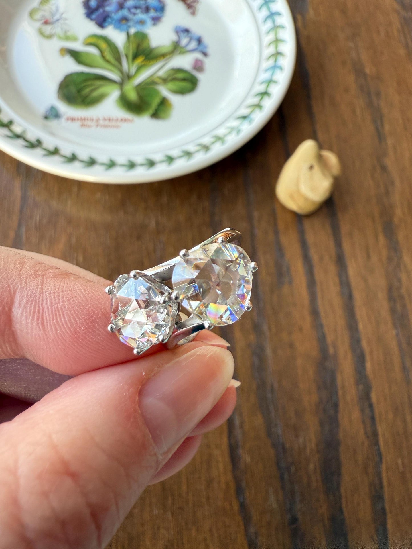 Antique Rose Cut DIAMOND Toi et Moi Ring In Box Double Disco Ball 5.5 Carat Face Up Spready Pear 14k White Gold French Art Deco Tall Ring