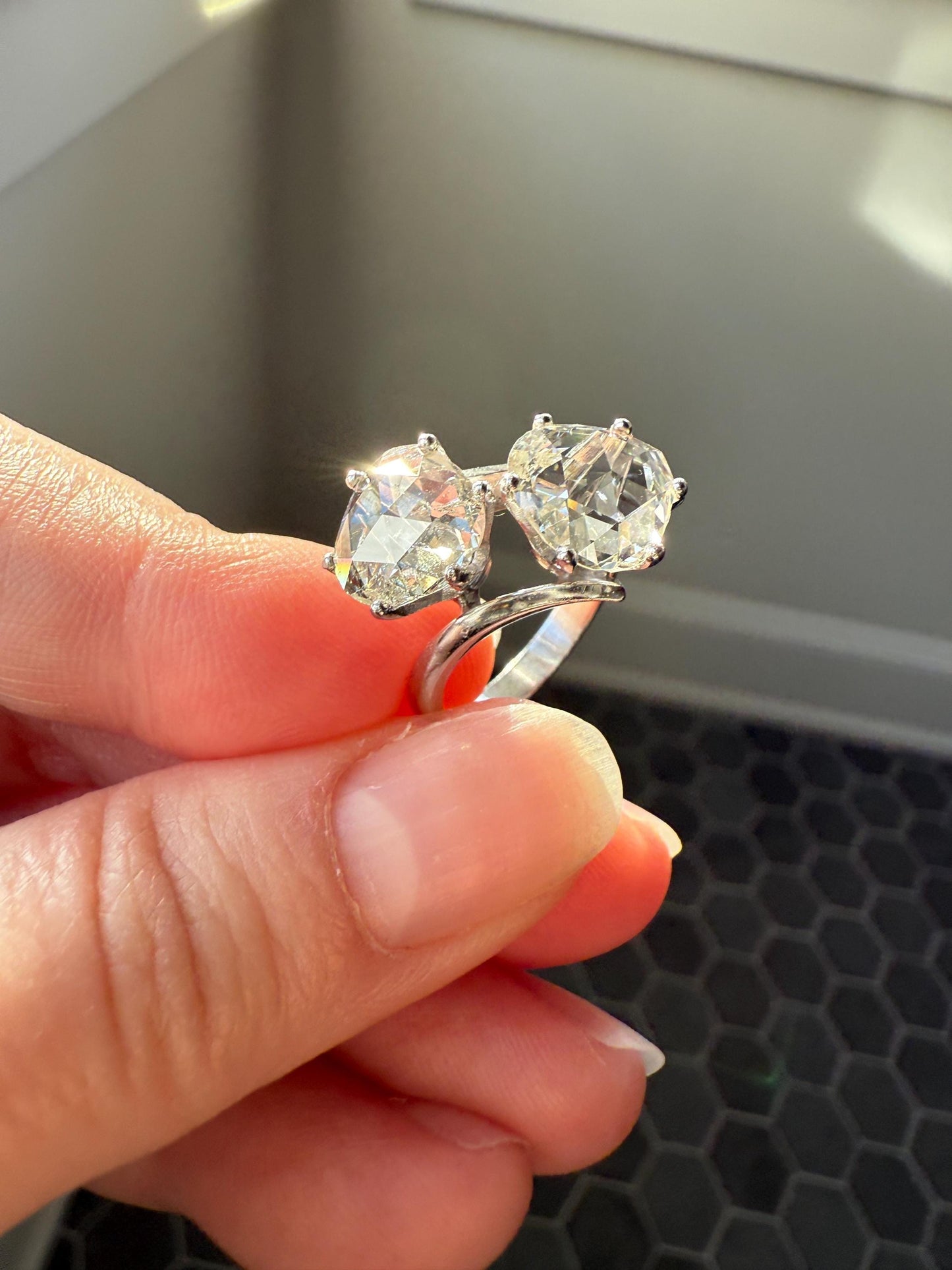 Antique Rose Cut DIAMOND Toi et Moi Ring In Box Double Disco Ball 5.5 Carat Face Up Spready Pear 14k White Gold French Art Deco Tall Ring