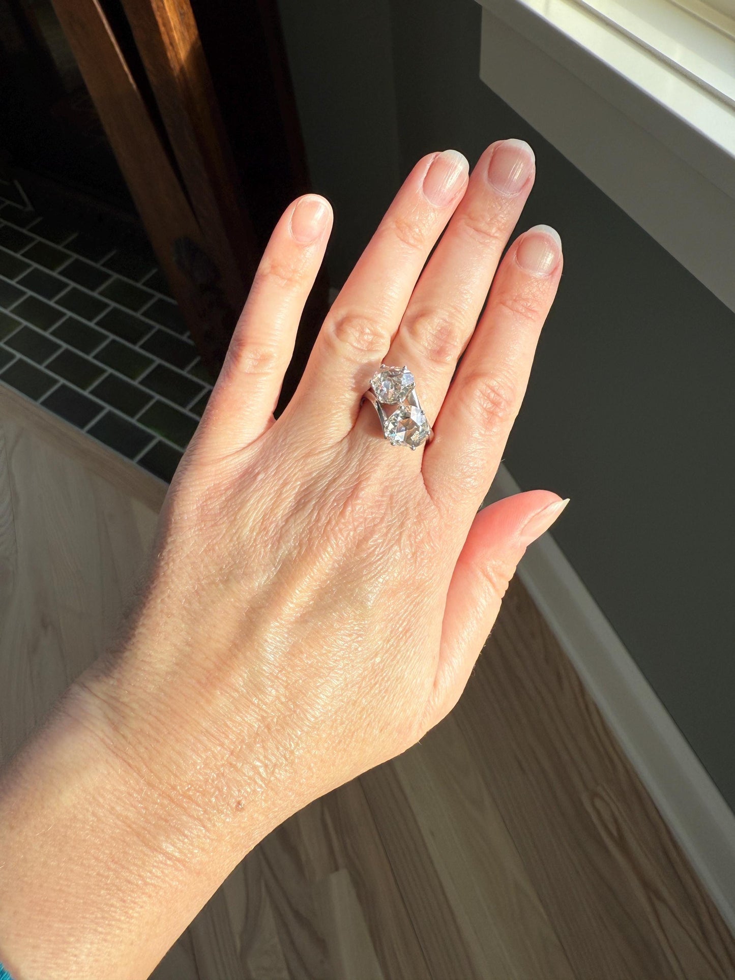 Antique Rose Cut DIAMOND Toi et Moi Ring In Box Double Disco Ball 5.5 Carat Face Up Spready Pear 14k White Gold French Art Deco Tall Ring