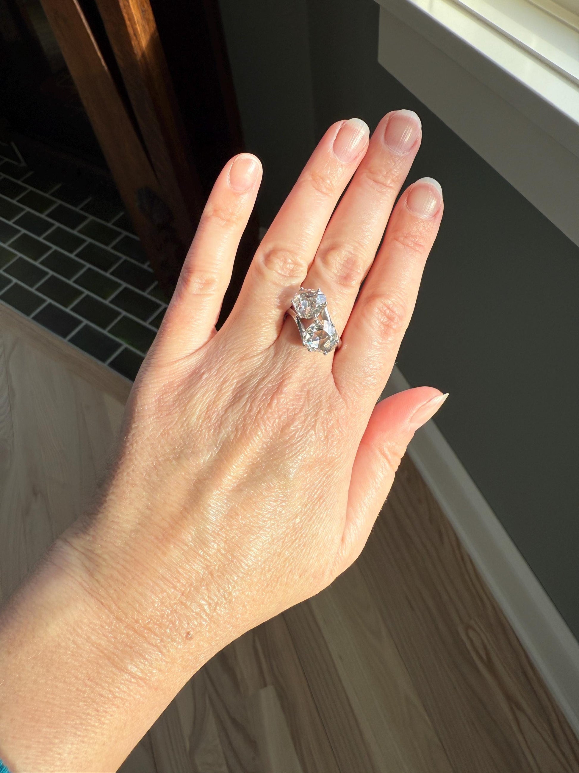 Antique Rose Cut DIAMOND Toi et Moi Ring In Box Double Disco Ball 5.5 Carat Face Up Spready Pear 14k White Gold French Art Deco Tall Ring