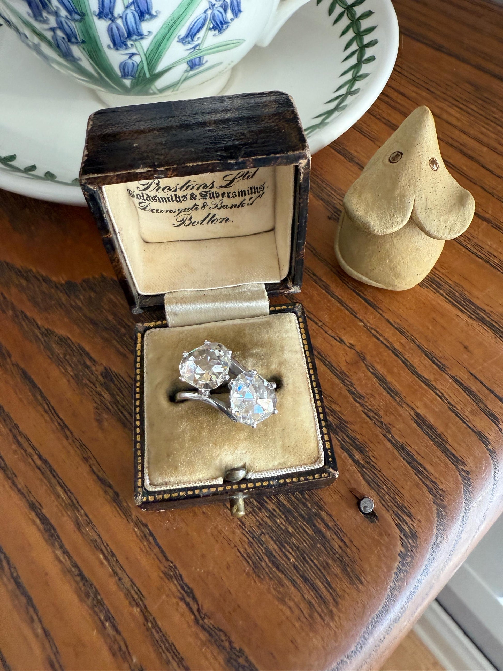 Antique Rose Cut DIAMOND Toi et Moi Ring In Box Double Disco Ball 5.5 Carat Face Up Spready Pear 14k White Gold French Art Deco Tall Ring