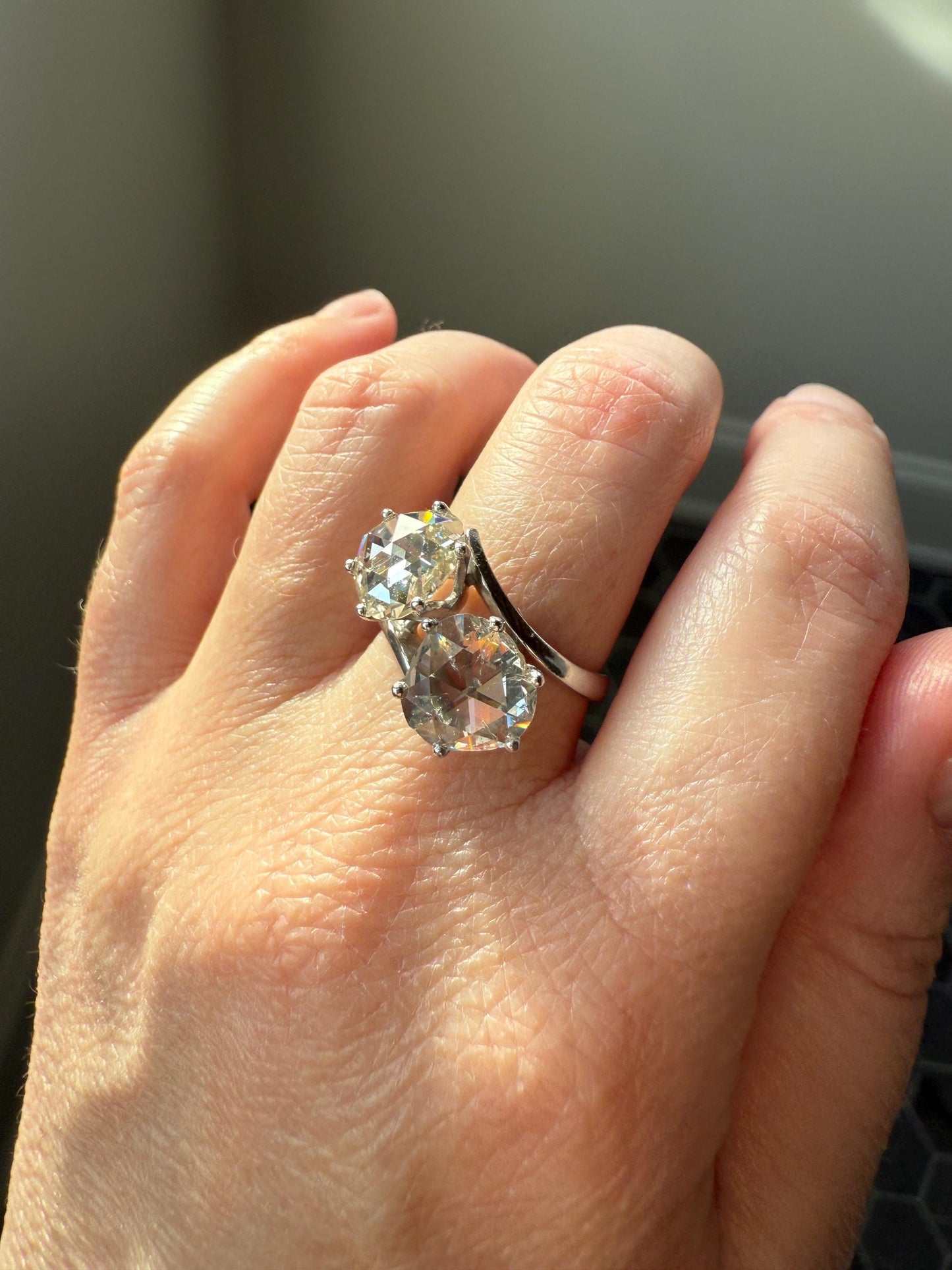 Antique Rose Cut DIAMOND Toi et Moi Ring In Box Double Disco Ball 5.5 Carat Face Up Spready Pear 14k White Gold French Art Deco Tall Ring