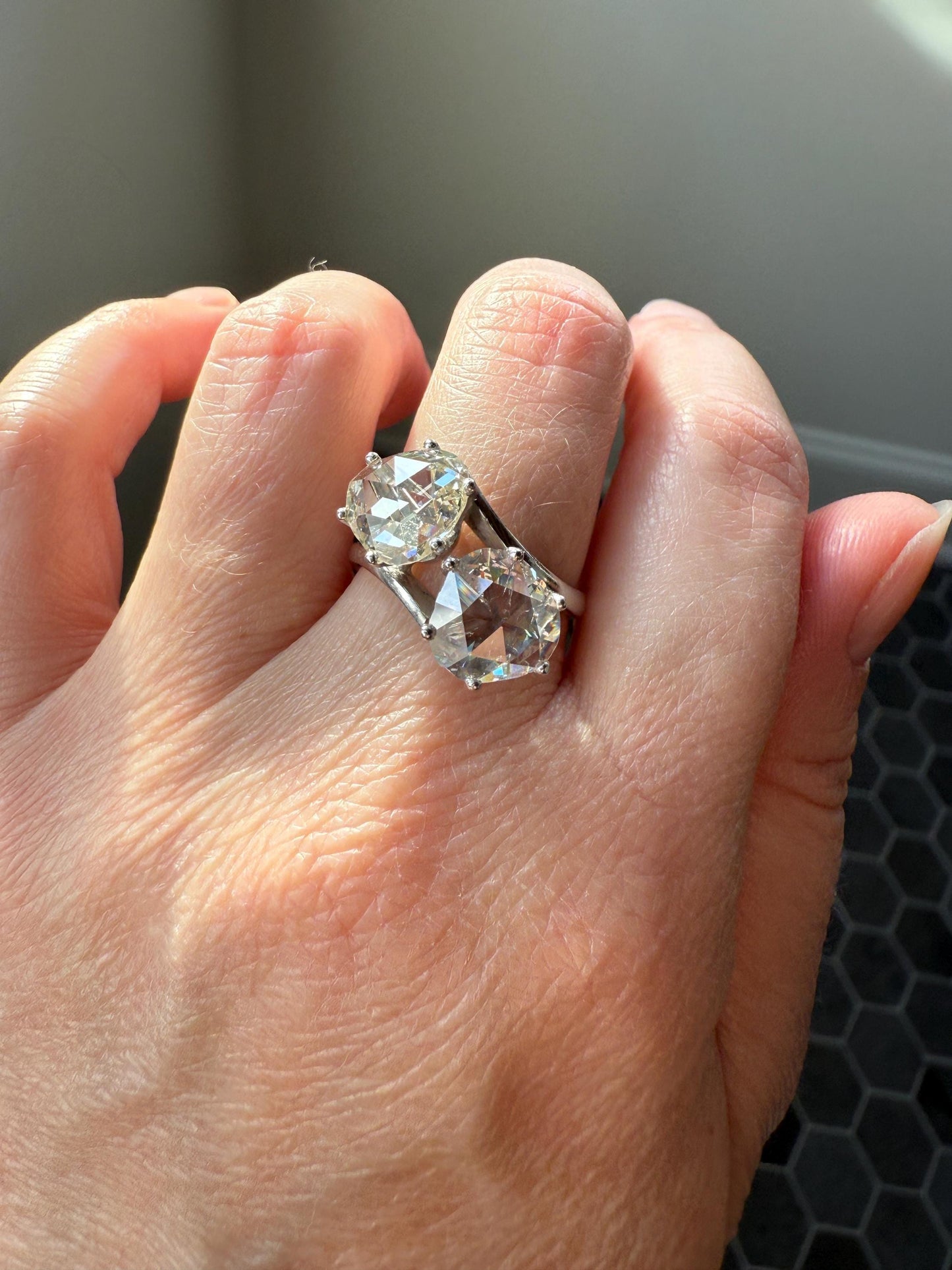 Antique Rose Cut DIAMOND Toi et Moi Ring In Box Double Disco Ball 5.5 Carat Face Up Spready Pear 14k White Gold French Art Deco Tall Ring
