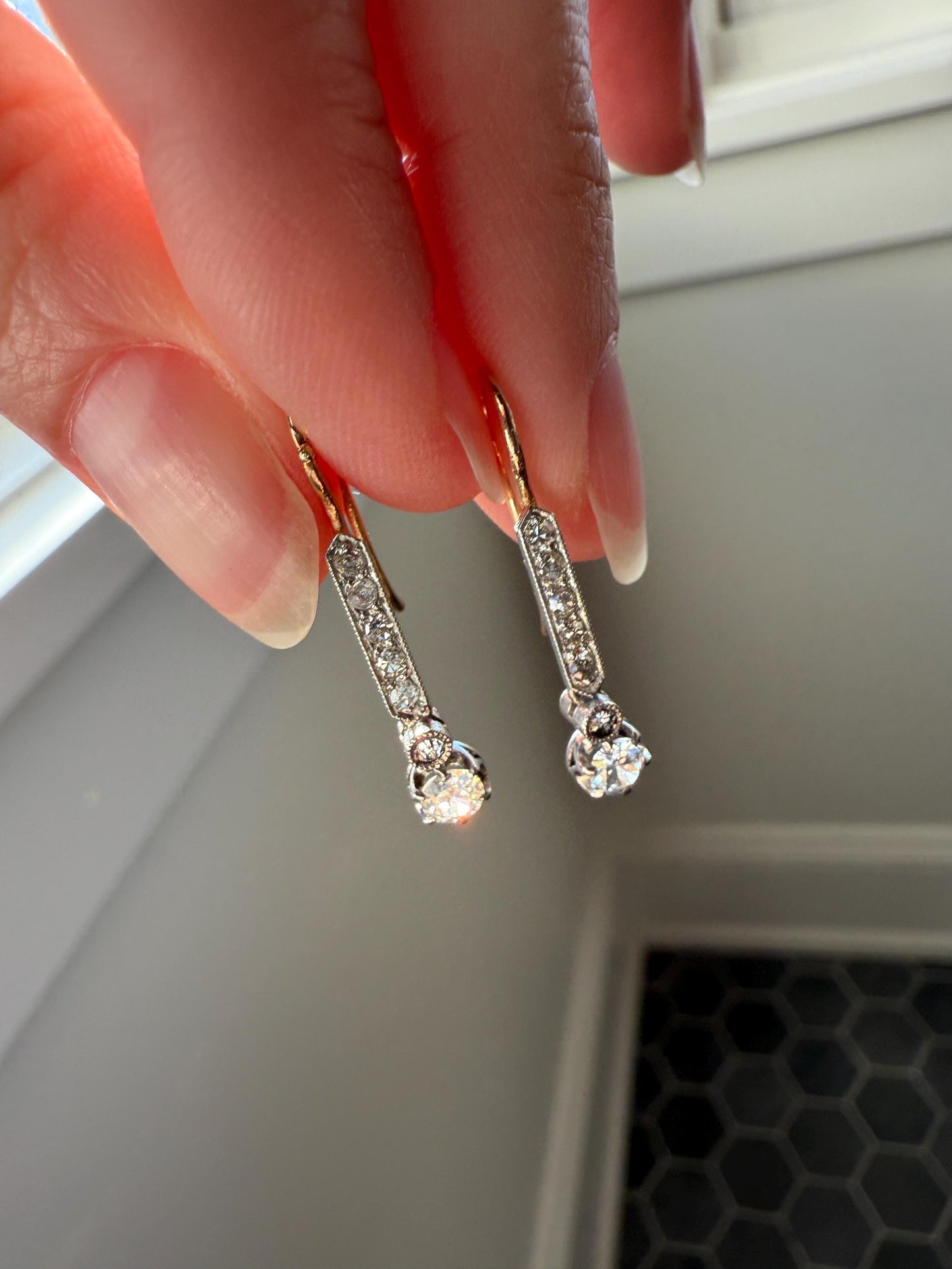 Antique Linear Old Cut DIAMOND Dangle EARRINGS 18k Gold Romantic Gift Something Old Bridal