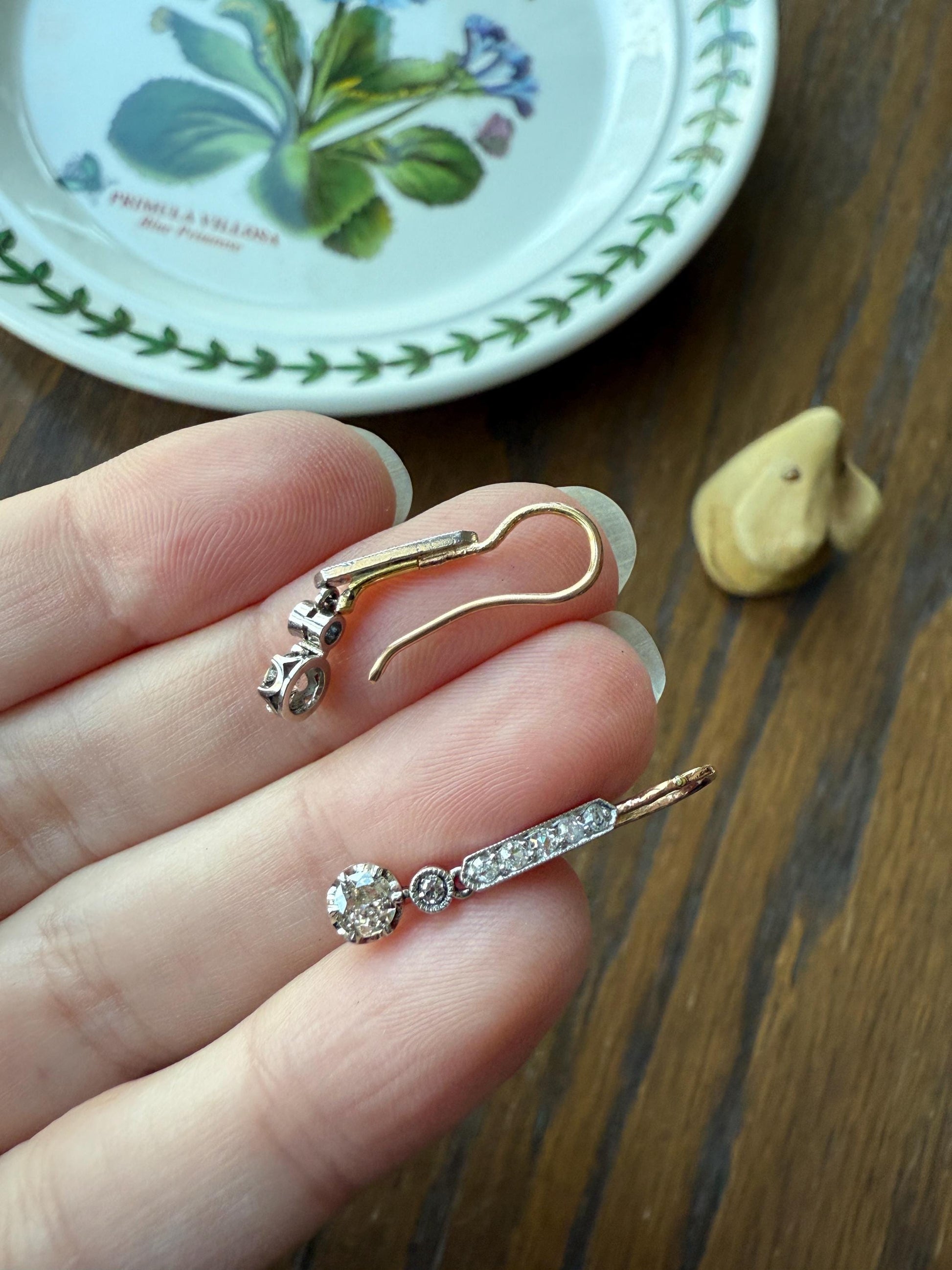 Antique Linear Old Cut DIAMOND Dangle EARRINGS 18k Gold Romantic Gift Something Old Bridal