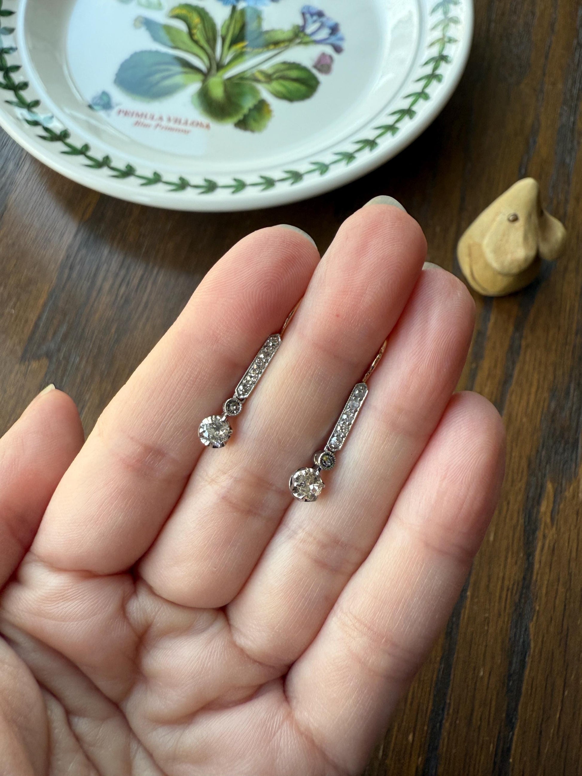 Antique Linear Old Cut DIAMOND Dangle EARRINGS 18k Gold Romantic Gift Something Old Bridal