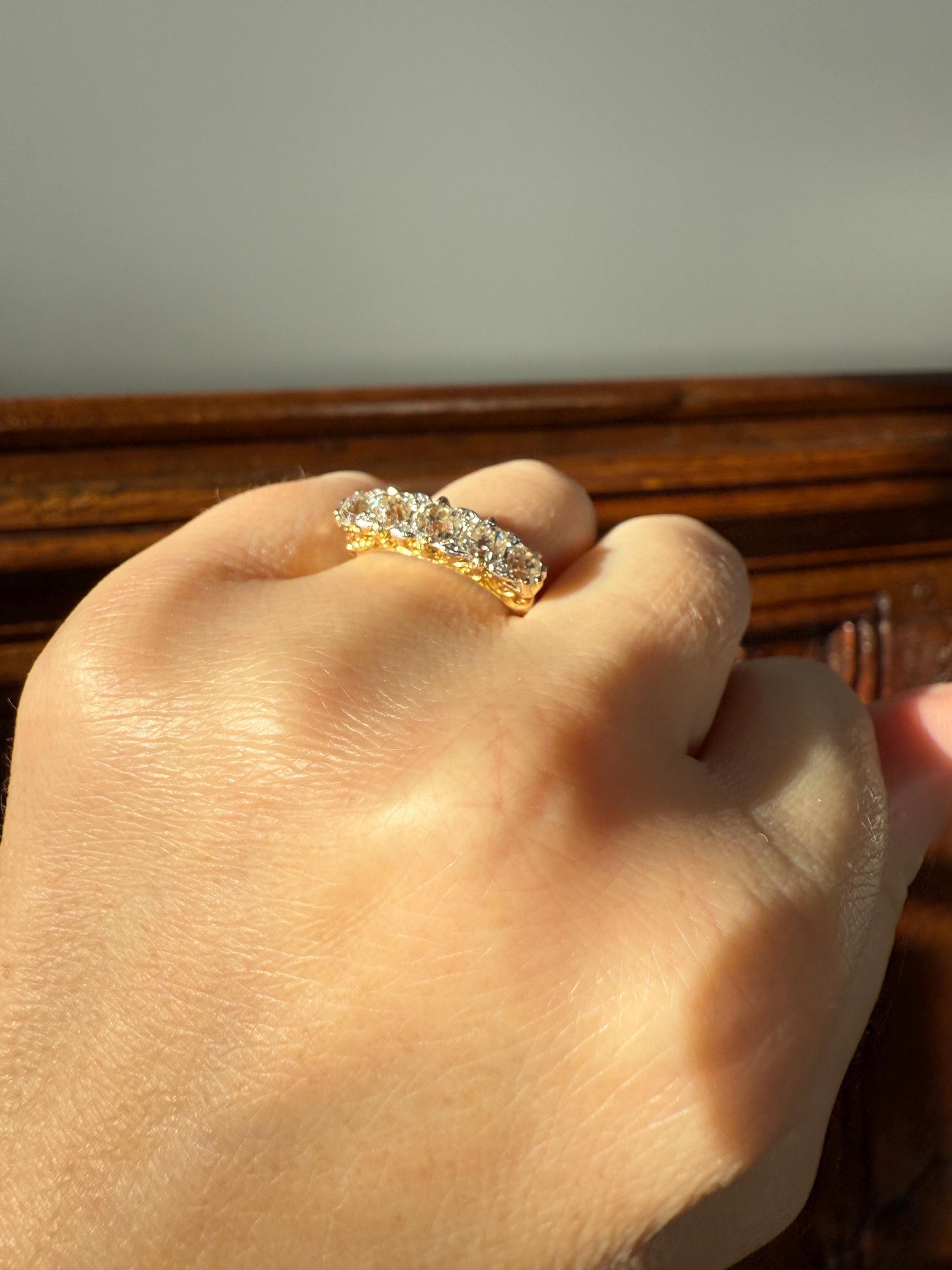 Antique 1.5 Carat Old Mine Cut DIAMOND 5 Five Stone Band Ring 18k Gold Rose Cut Spacers Gemset Prongs Scrolled Victorian Romantic Gift