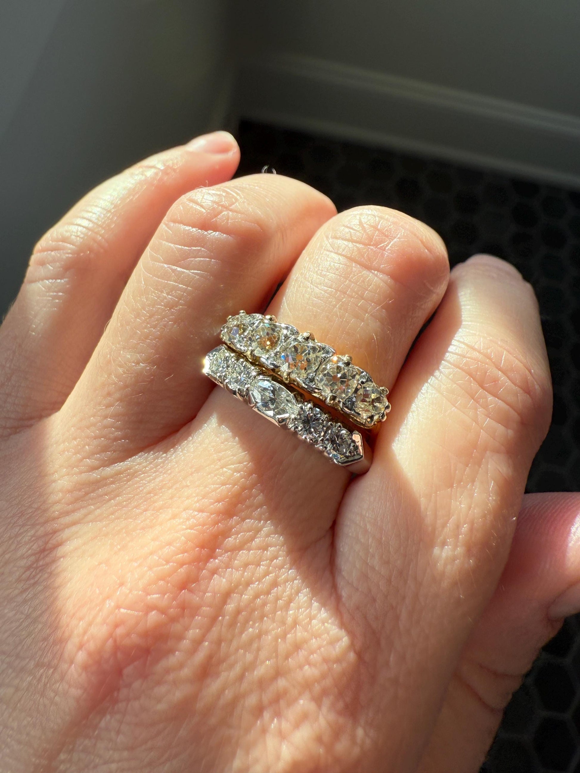 Vintage Unique East West Old Cut MARQUISE Navette Cut Diamond Five Stone Band Ring Palladium Platinum Look