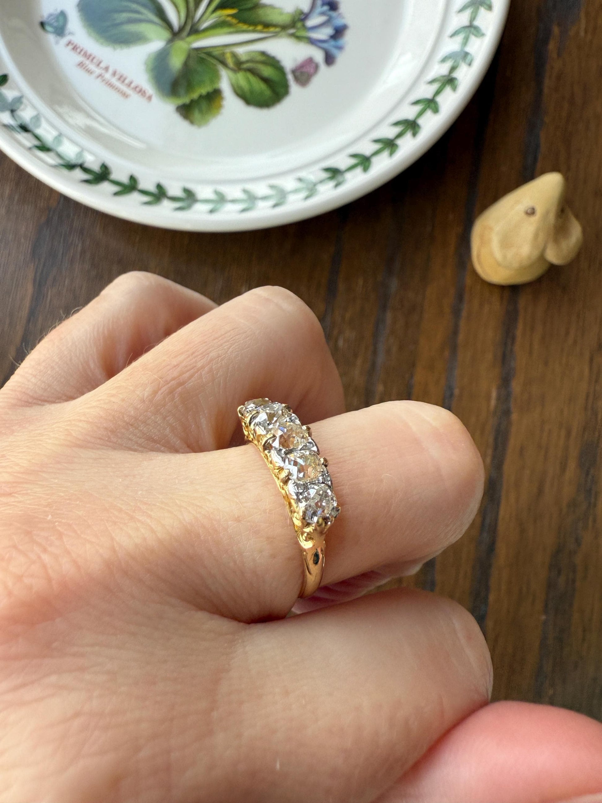 Antique 1.5 Carat Old Mine Cut DIAMOND 5 Five Stone Band Ring 18k Gold Rose Cut Spacers Gemset Prongs Scrolled Victorian Romantic Gift