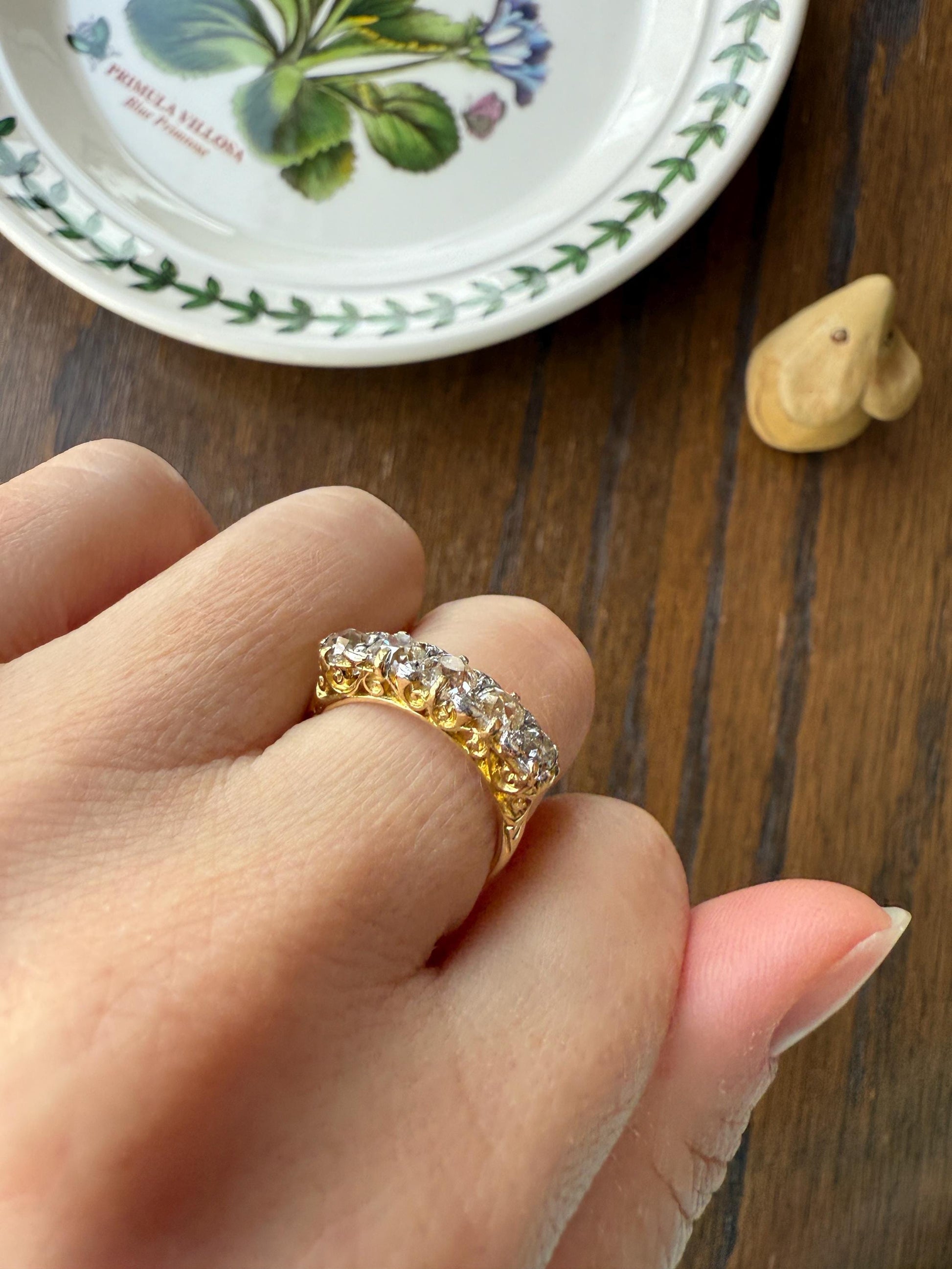 Antique 1.5 Carat Old Mine Cut DIAMOND 5 Five Stone Band Ring 18k Gold Rose Cut Spacers Gemset Prongs Scrolled Victorian Romantic Gift