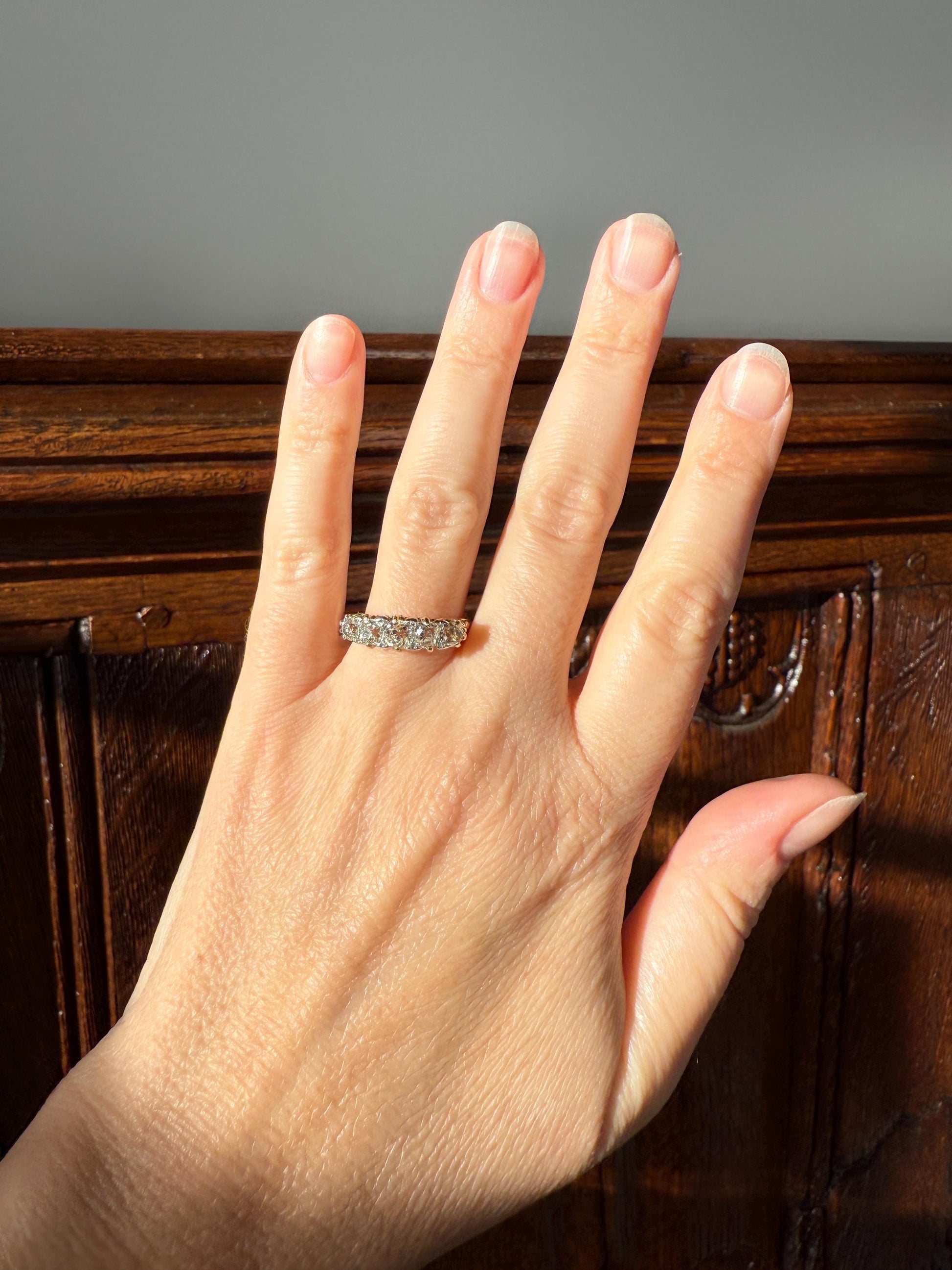 Antique 1.5 Carat Old Mine Cut DIAMOND 5 Five Stone Band Ring 18k Gold Rose Cut Spacers Gemset Prongs Scrolled Victorian Romantic Gift