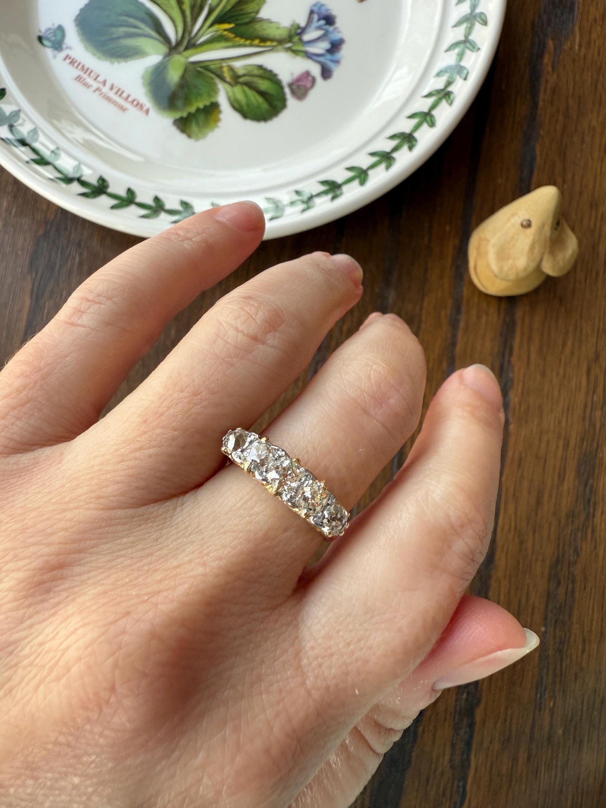 Antique 1.5 Carat Old Mine Cut DIAMOND 5 Five Stone Band Ring 18k Gold Rose Cut Spacers Gemset Prongs Scrolled Victorian Romantic Gift