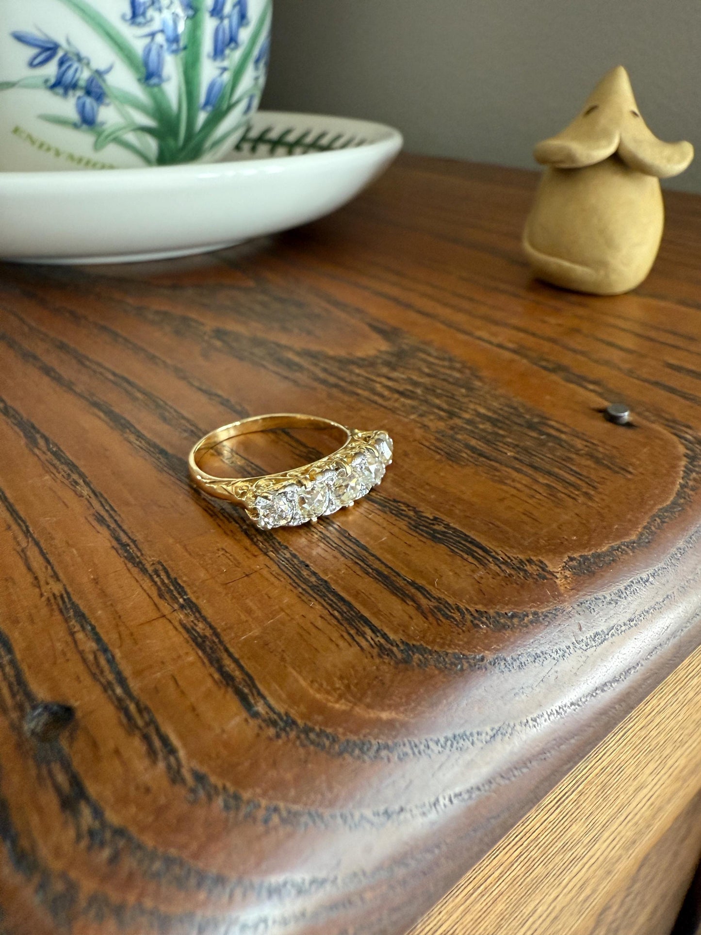 Antique 1.5 Carat Old Mine Cut DIAMOND 5 Five Stone Band Ring 18k Gold Rose Cut Spacers Gemset Prongs Scrolled Victorian Romantic Gift