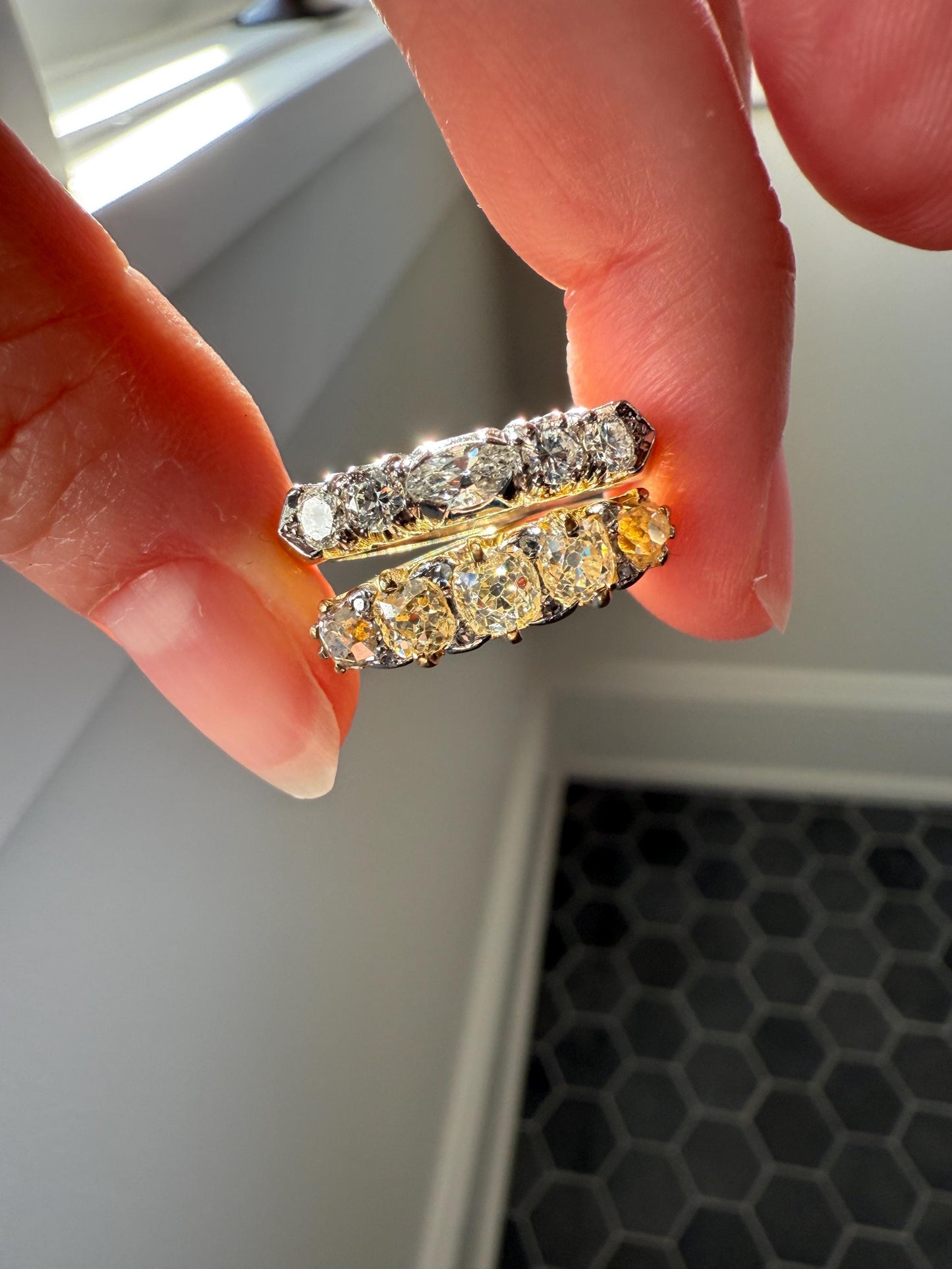 Antique 1.5 Carat Old Mine Cut DIAMOND 5 Five Stone Band Ring 18k Gold Rose Cut Spacers Gemset Prongs Scrolled Victorian Romantic Gift