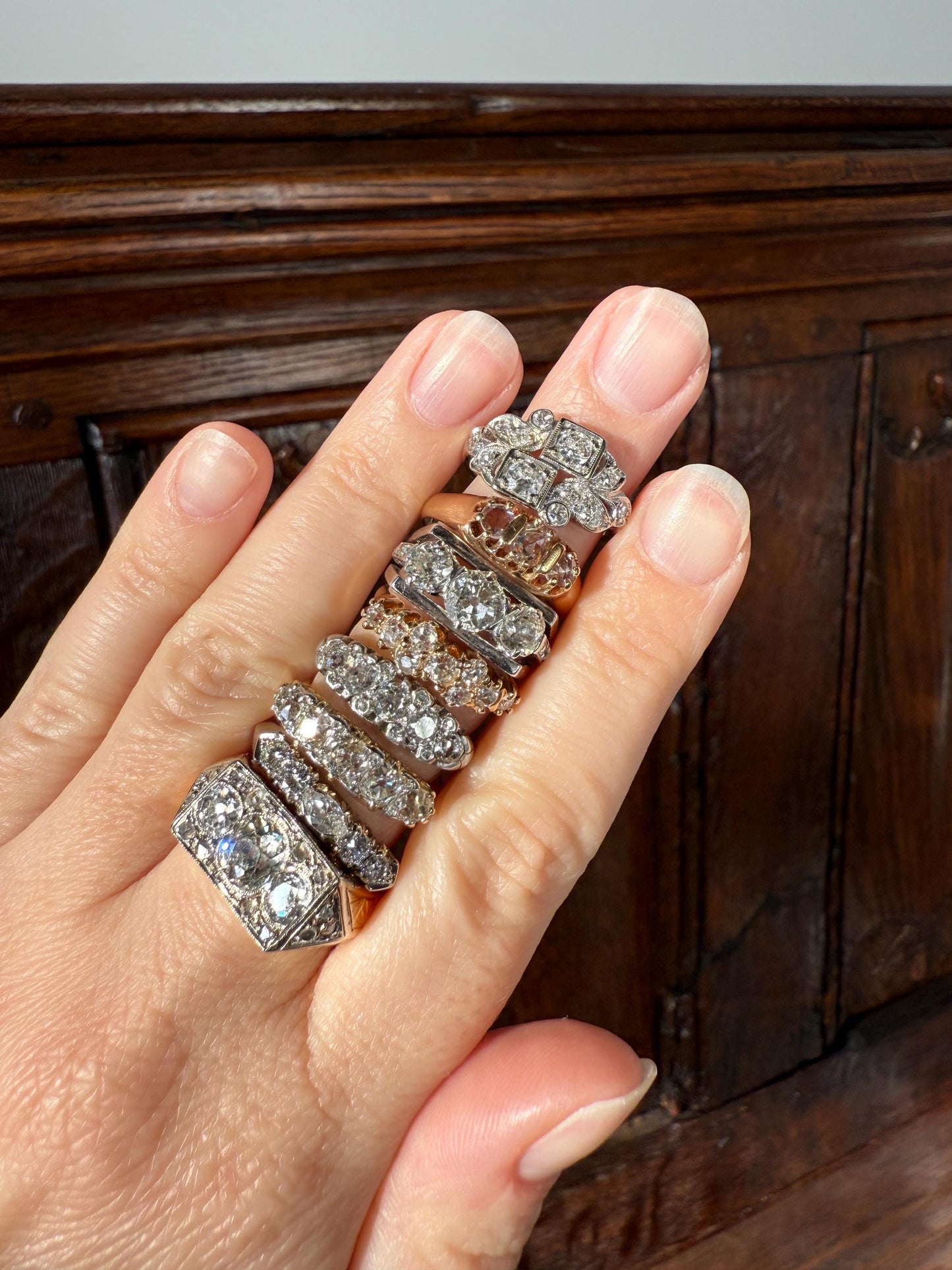 Antique 1.5 Carat Old Mine Cut DIAMOND 5 Five Stone Band Ring 18k Gold Rose Cut Spacers Gemset Prongs Scrolled Victorian Romantic Gift