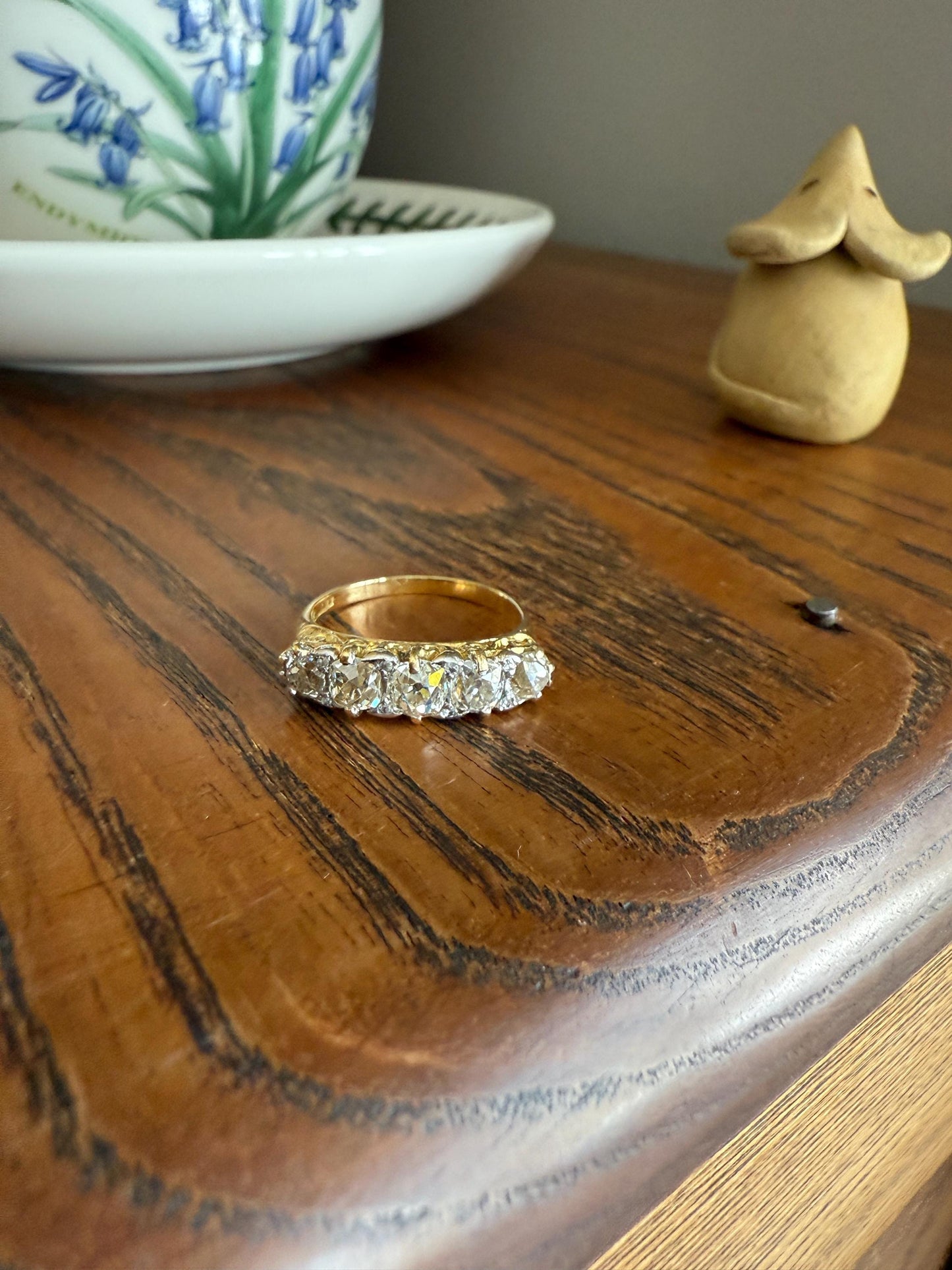 Antique 1.5 Carat Old Mine Cut DIAMOND 5 Five Stone Band Ring 18k Gold Rose Cut Spacers Gemset Prongs Scrolled Victorian Romantic Gift