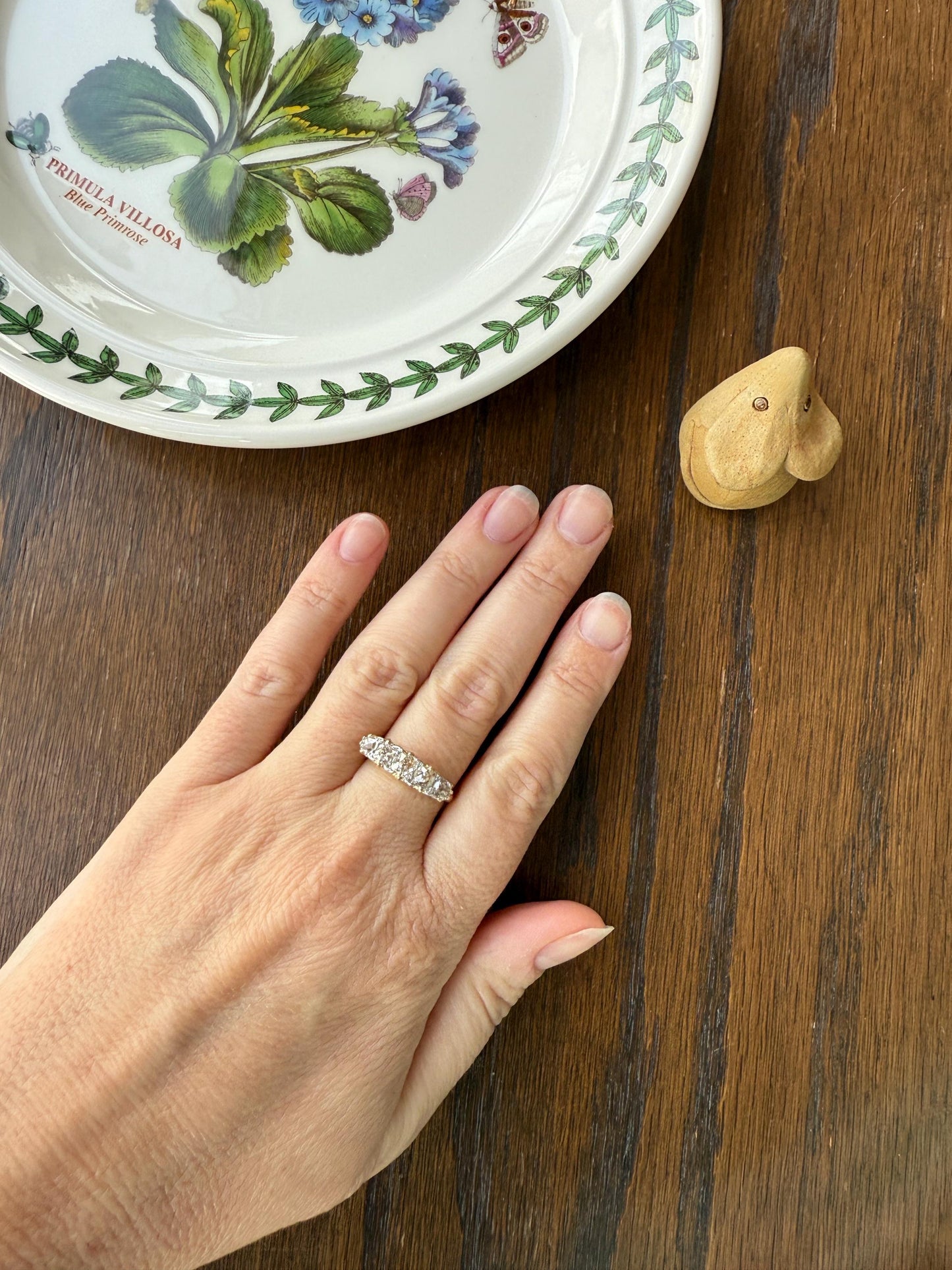 Antique 1.5 Carat Old Mine Cut DIAMOND 5 Five Stone Band Ring 18k Gold Rose Cut Spacers Gemset Prongs Scrolled Victorian Romantic Gift