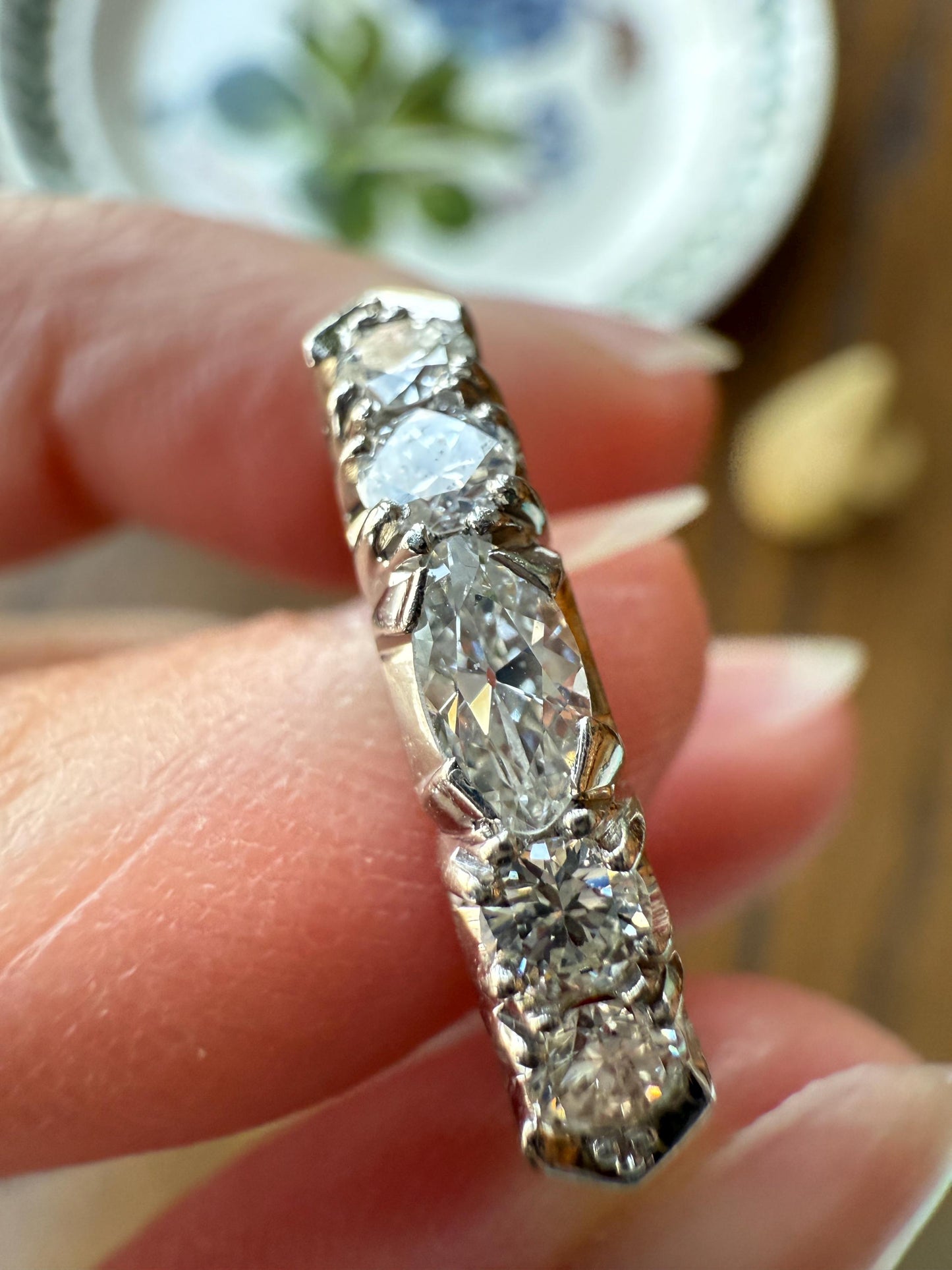 Vintage Unique East West Old Cut MARQUISE Navette Cut Diamond Five Stone Band Ring Palladium Platinum Look