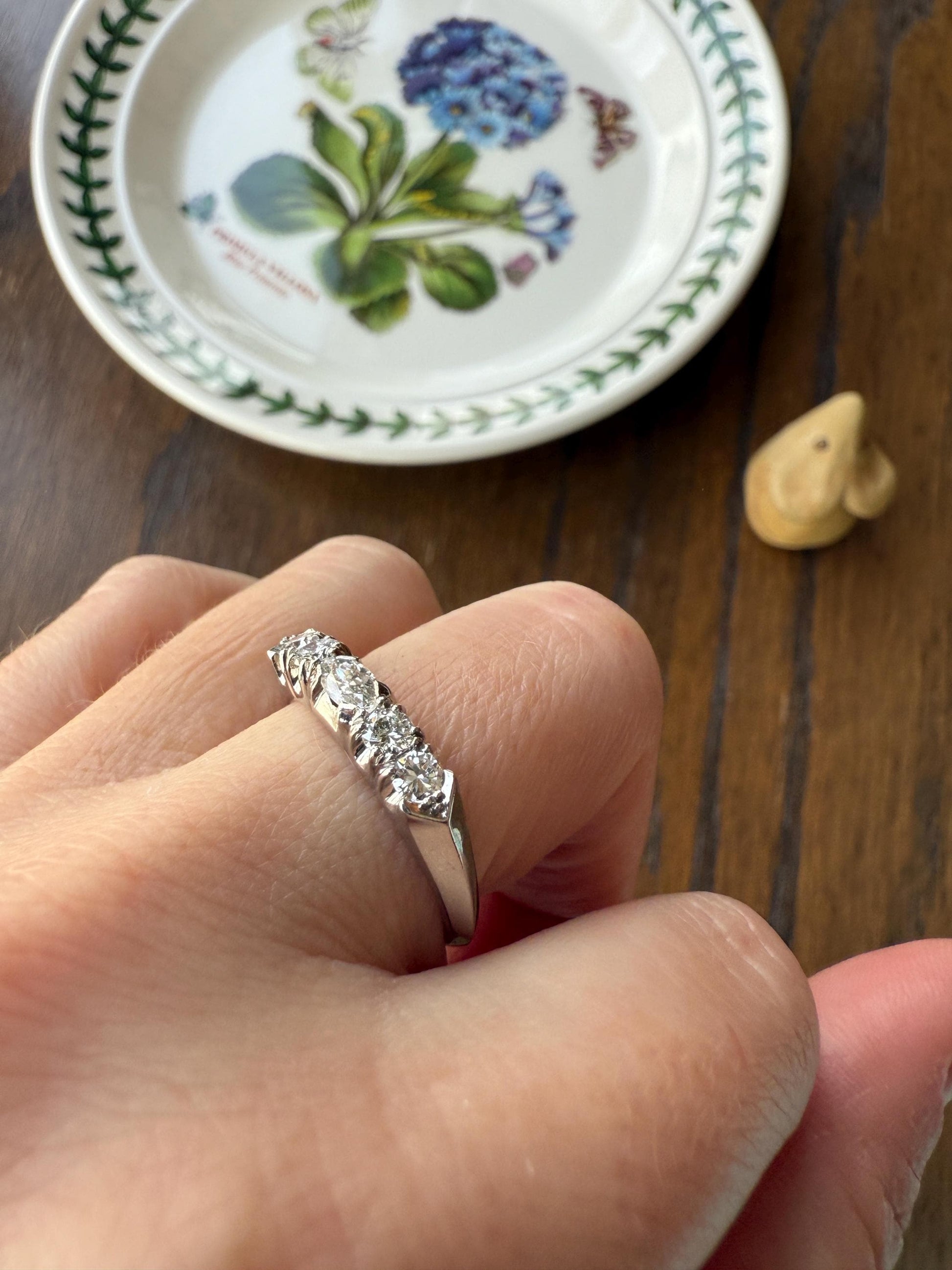 Vintage Unique East West Old Cut MARQUISE Navette Cut Diamond Five Stone Band Ring Palladium Platinum Look