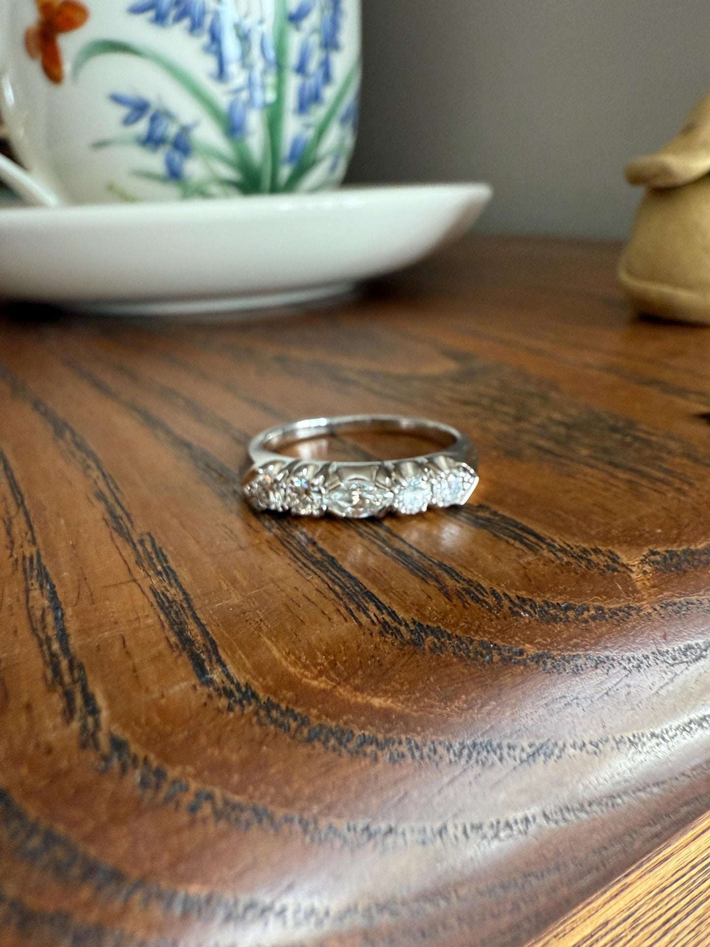 Vintage Unique East West Old Cut MARQUISE Navette Cut Diamond Five Stone Band Ring Palladium Platinum Look