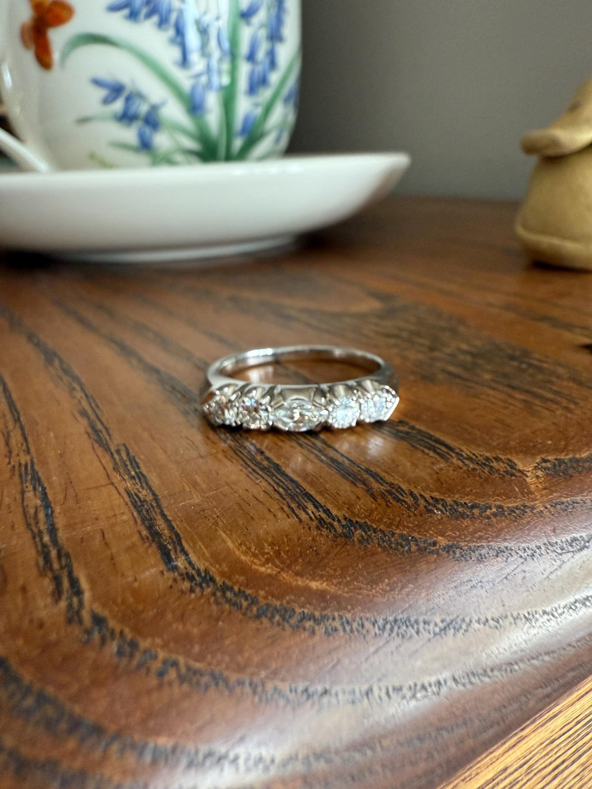 Vintage Unique East West Old Cut MARQUISE Navette Cut Diamond Five Stone Band Ring Palladium Platinum Look