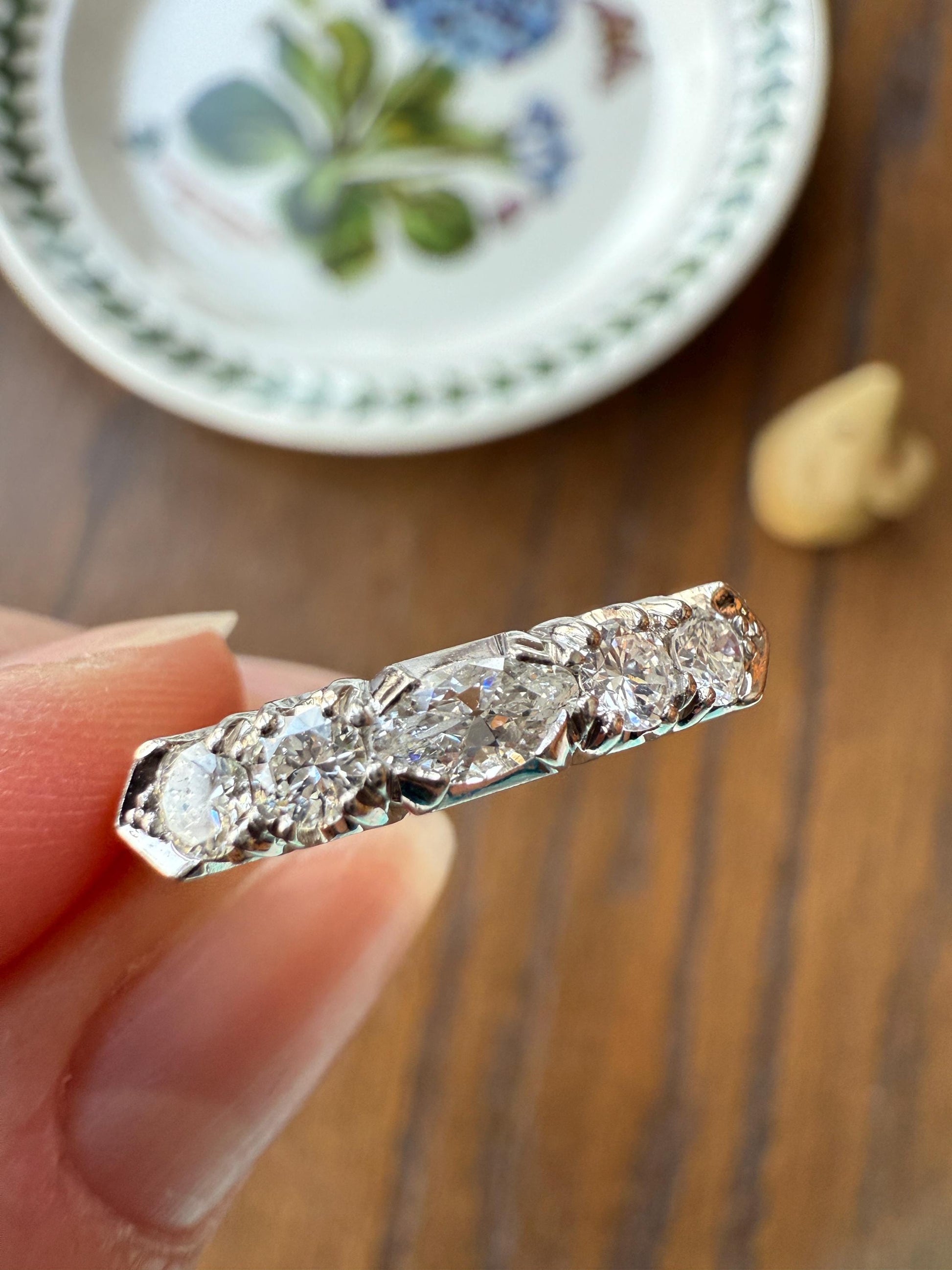 Vintage Unique East West Old Cut MARQUISE Navette Cut Diamond Five Stone Band Ring Palladium Platinum Look
