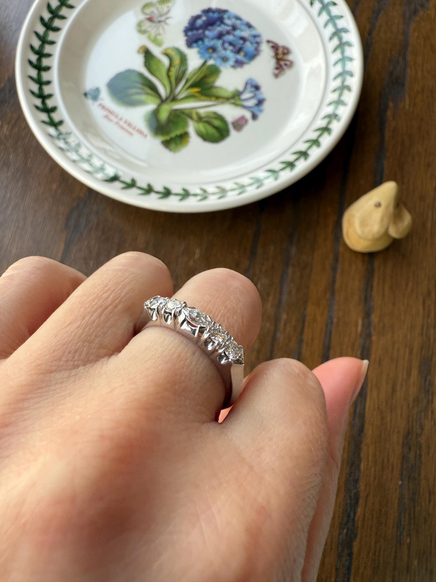 Vintage Unique East West Old Cut MARQUISE Navette Cut Diamond Five Stone Band Ring Palladium Platinum Look