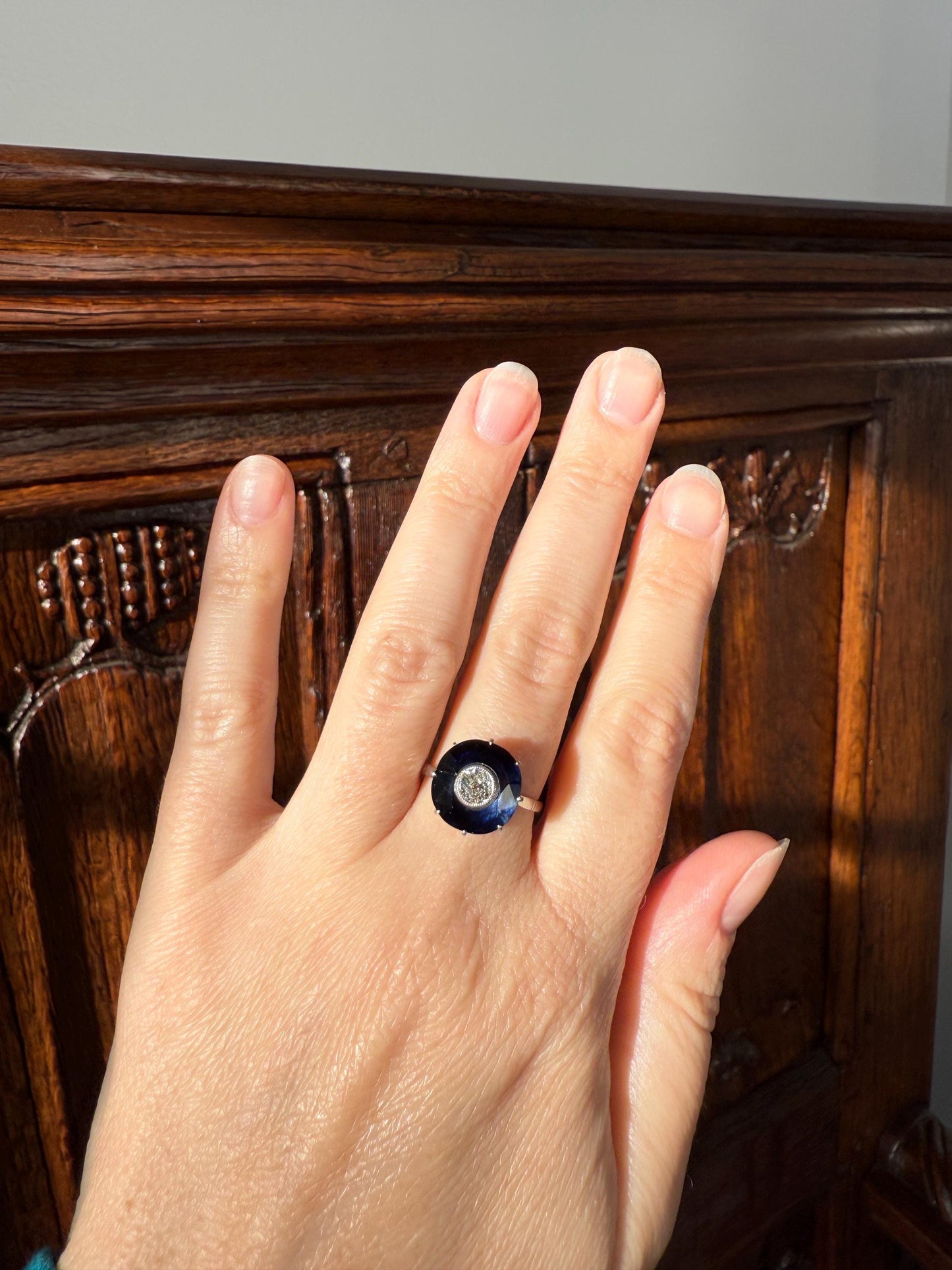 ANTIQUE Old Mine Cut Diamond & Tall Blue Sapphire Faceted HALO Ring French Platinum Edwardian Belle Epoque Stacker Bullseye Target Stacker