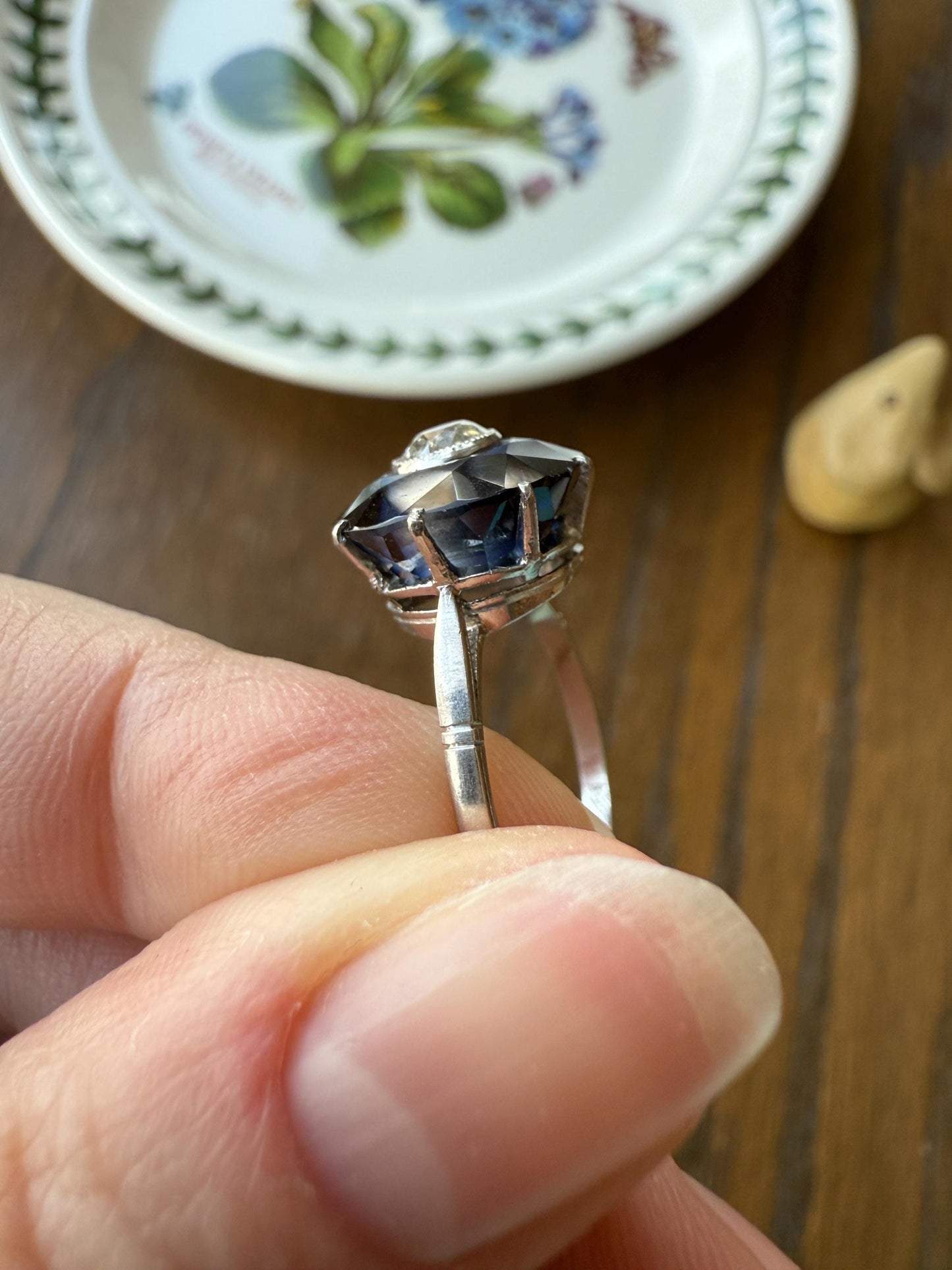ANTIQUE Old Mine Cut Diamond & Tall Blue Sapphire Faceted HALO Ring French Platinum Edwardian Belle Epoque Stacker Bullseye Target Stacker