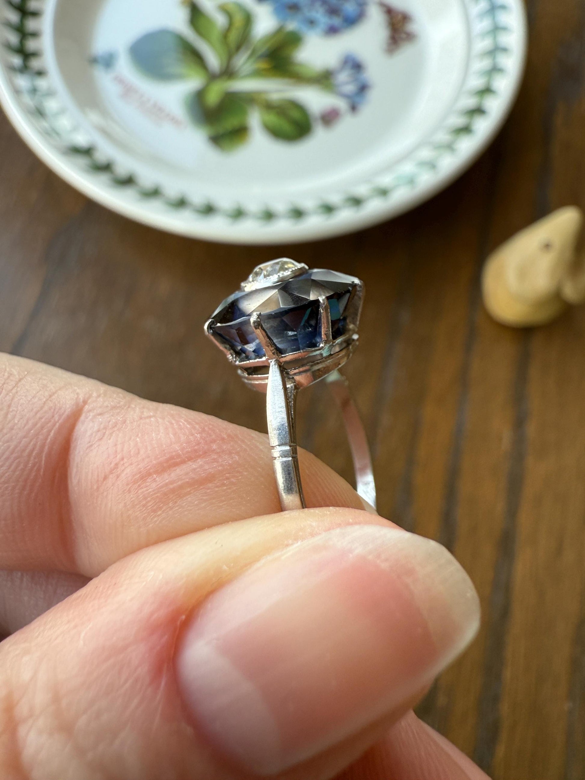 ANTIQUE Old Mine Cut Diamond & Tall Blue Sapphire Faceted HALO Ring French Platinum Edwardian Belle Epoque Stacker Bullseye Target Stacker