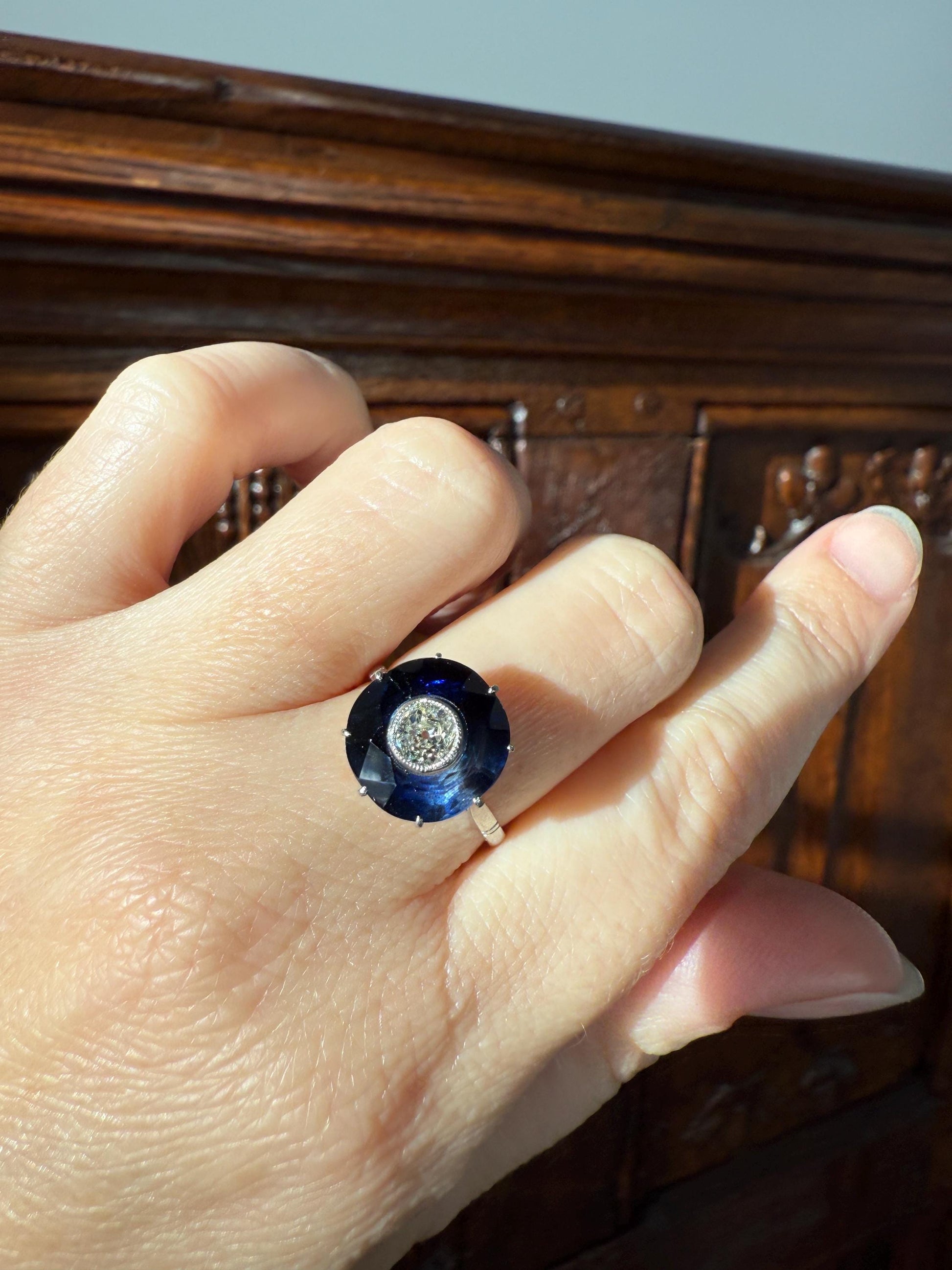 ANTIQUE Old Mine Cut Diamond & Tall Blue Sapphire Faceted HALO Ring French Platinum Edwardian Belle Epoque Stacker Bullseye Target Stacker