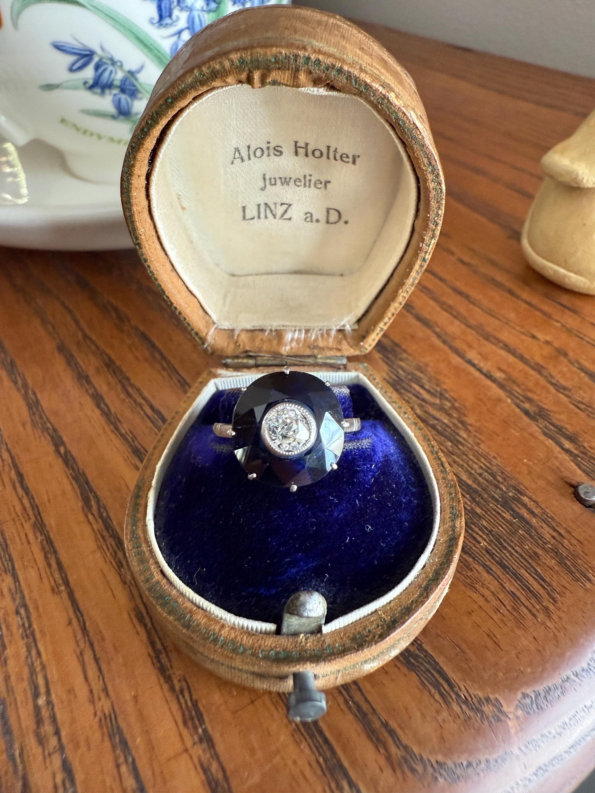 ANTIQUE Old Mine Cut Diamond & Tall Blue Sapphire Faceted HALO Ring French Platinum Edwardian Belle Epoque Stacker Bullseye Target Stacker
