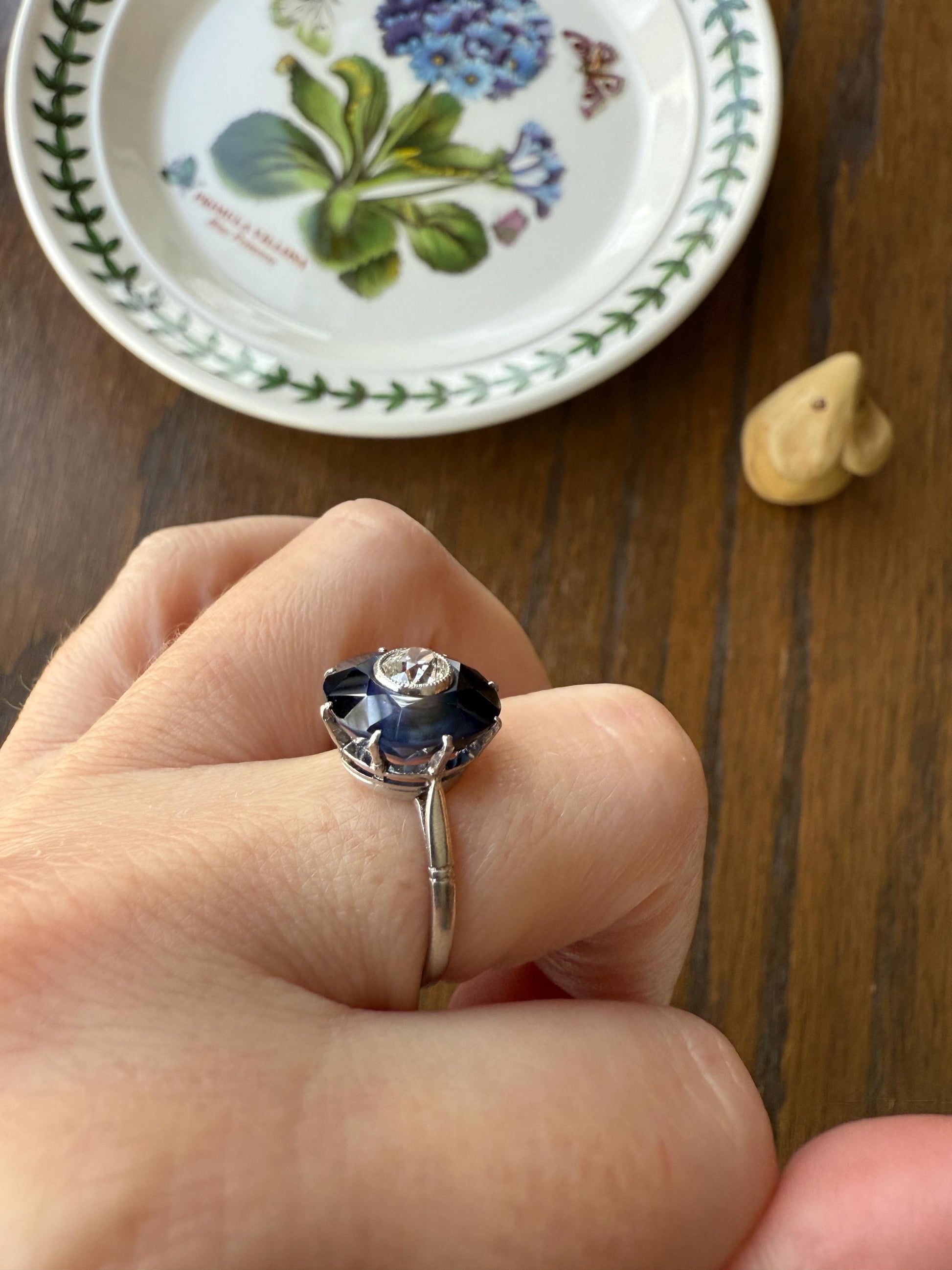 ANTIQUE Old Mine Cut Diamond & Tall Blue Sapphire Faceted HALO Ring French Platinum Edwardian Belle Epoque Stacker Bullseye Target Stacker