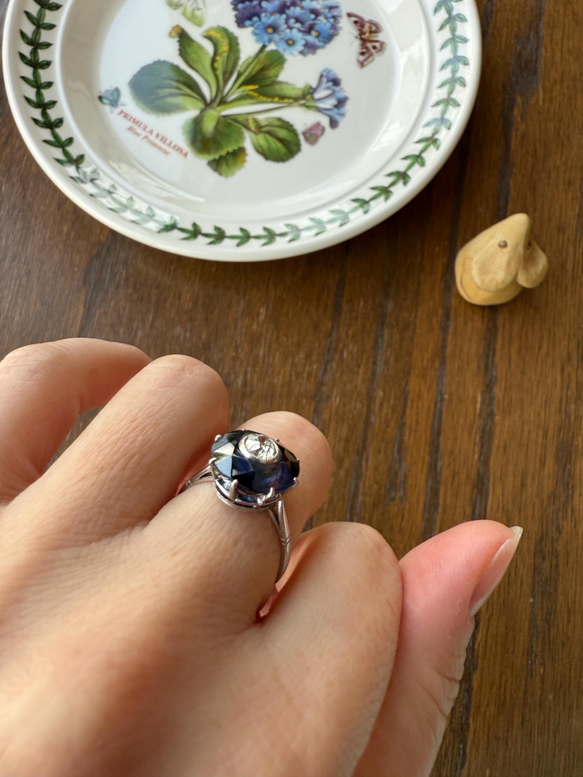 ANTIQUE Old Mine Cut Diamond & Tall Blue Sapphire Faceted HALO Ring French Platinum Edwardian Belle Epoque Stacker Bullseye Target Stacker