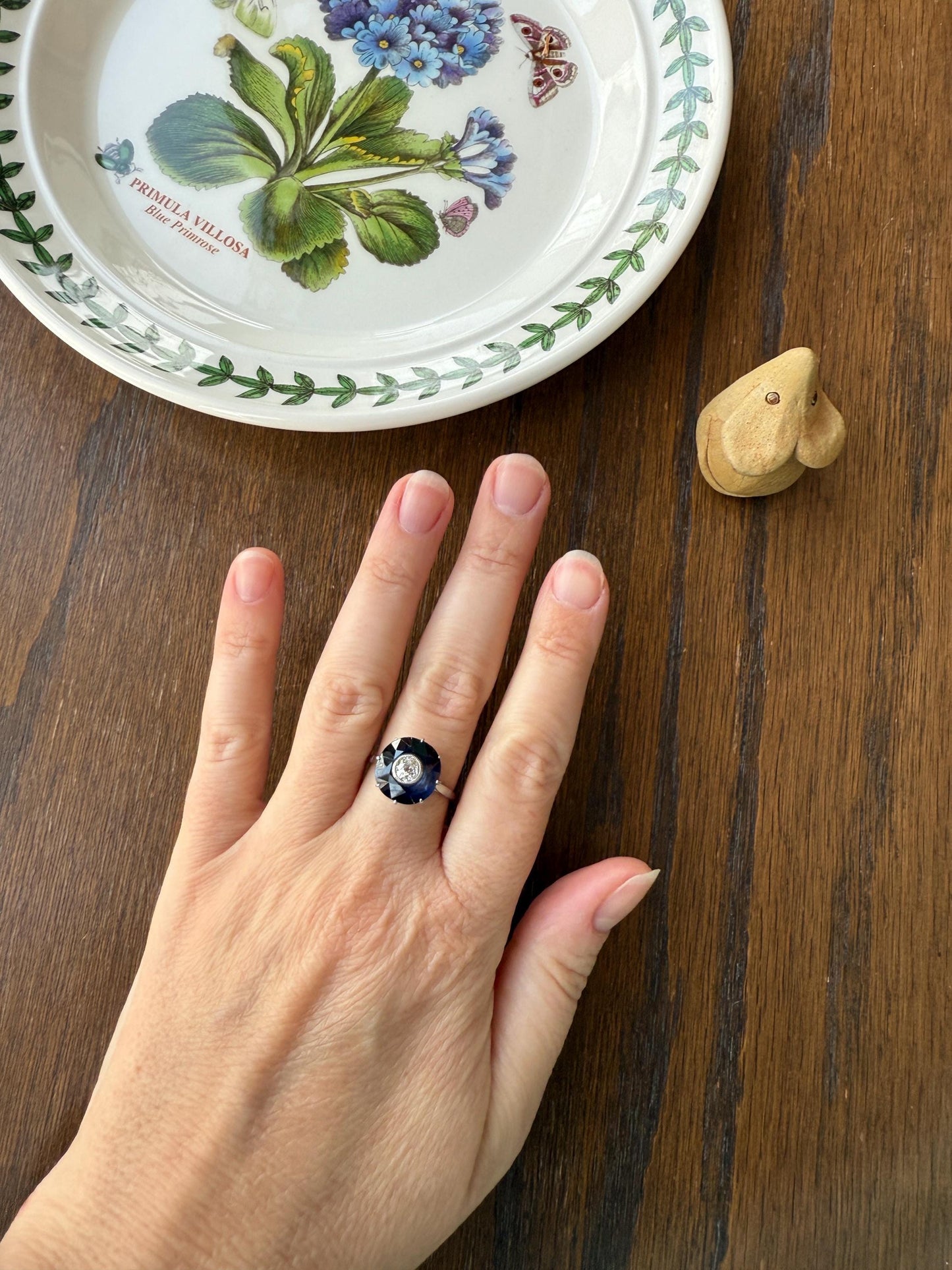 ANTIQUE Old Mine Cut Diamond & Tall Blue Sapphire Faceted HALO Ring French Platinum Edwardian Belle Epoque Stacker Bullseye Target Stacker