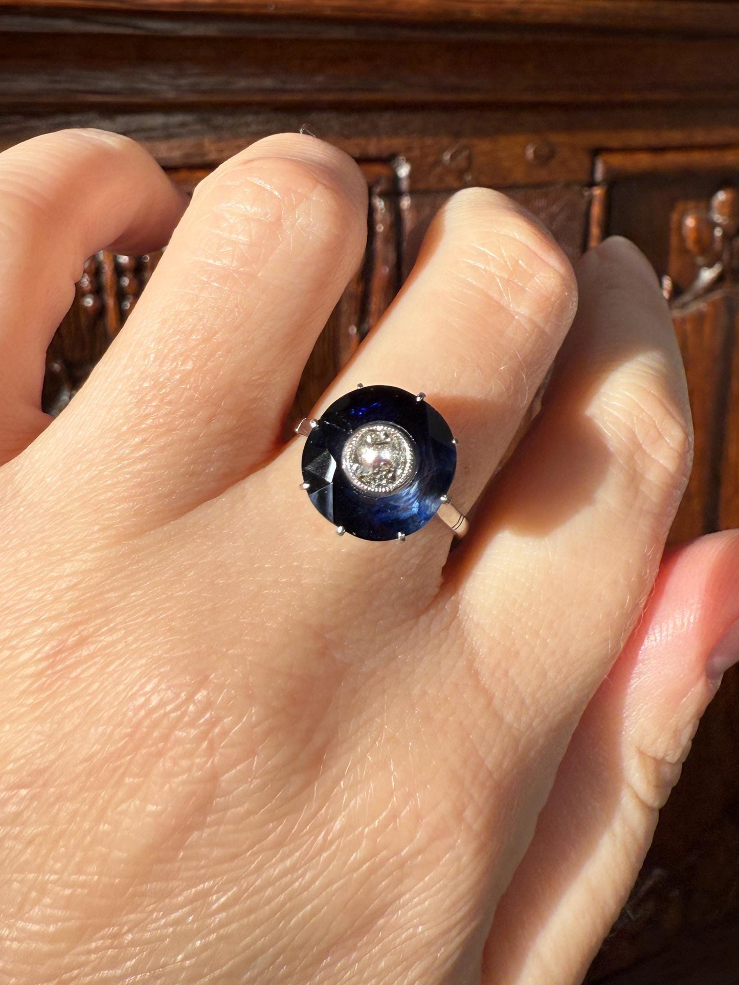 ANTIQUE Old Mine Cut Diamond & Tall Blue Sapphire Faceted HALO Ring French Platinum Edwardian Belle Epoque Stacker Bullseye Target Stacker