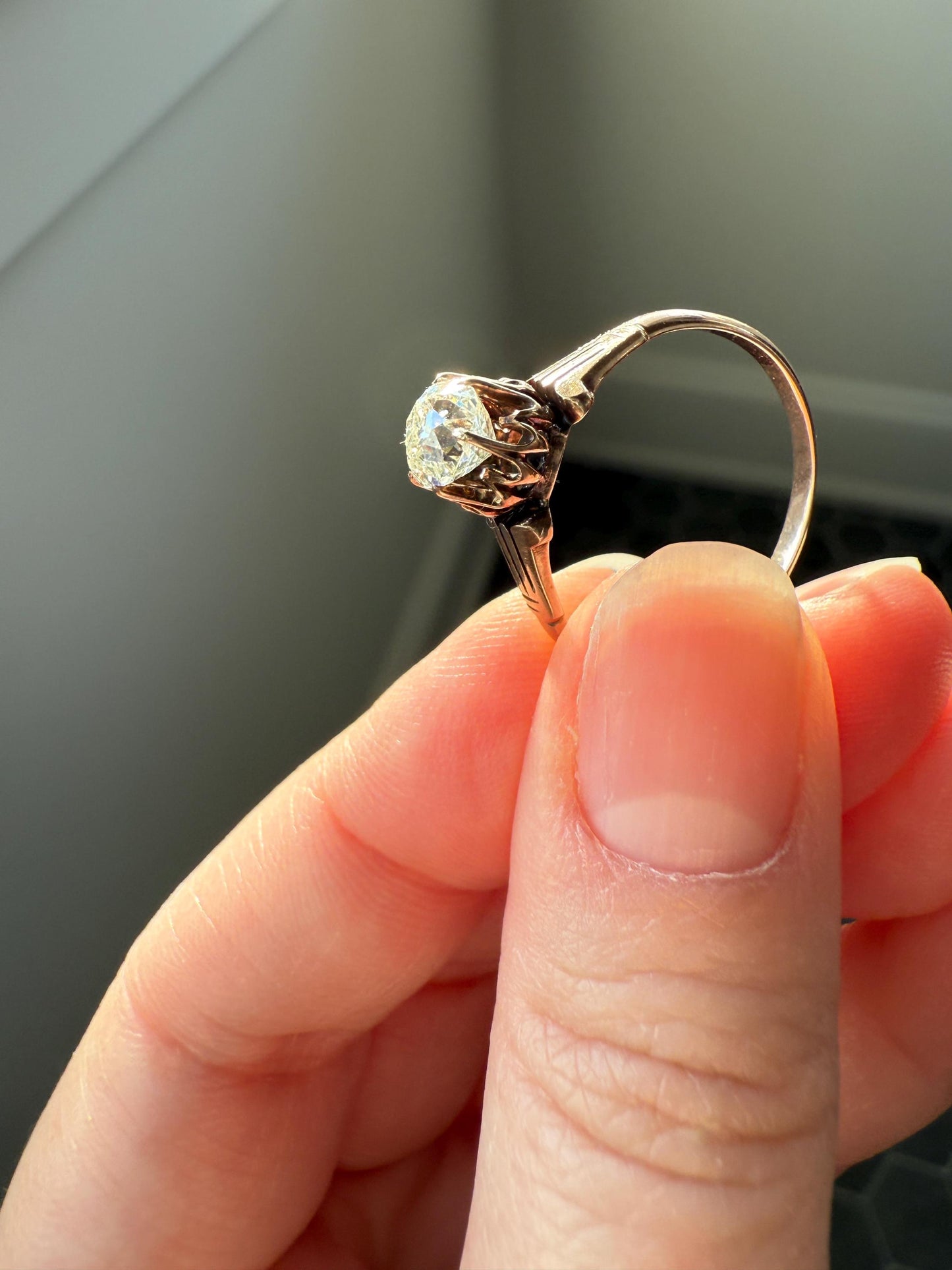 Tall Ornate French Victorian Antique One Carat Old Mine Cut DIAMOND Solitaire Engagement Ring 10k Rose Gold Scrolled Tulip Shoulders Stacker