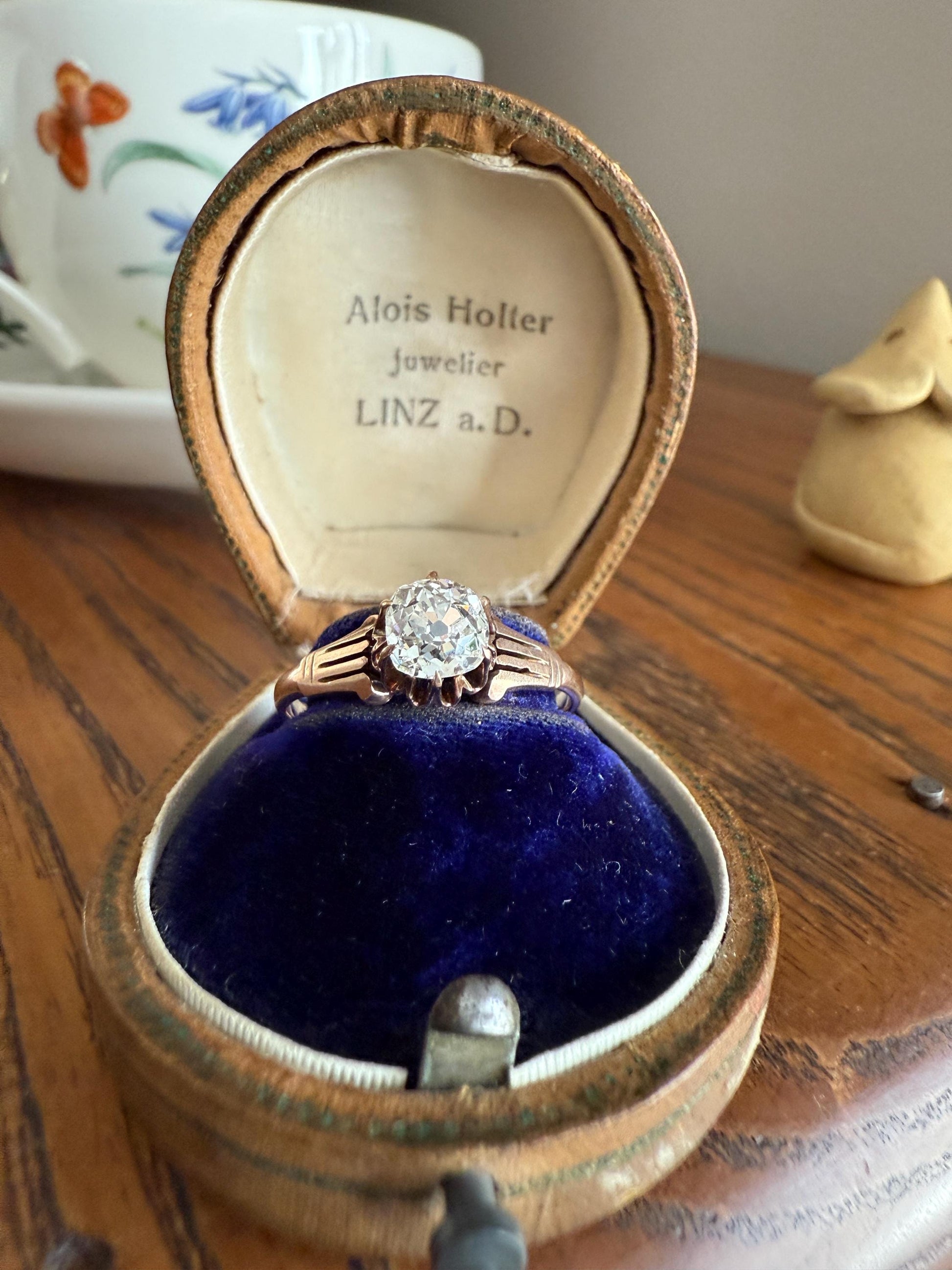 Tall Ornate French Victorian Antique One Carat Old Mine Cut DIAMOND Solitaire Engagement Ring 10k Rose Gold Scrolled Tulip Shoulders Stacker