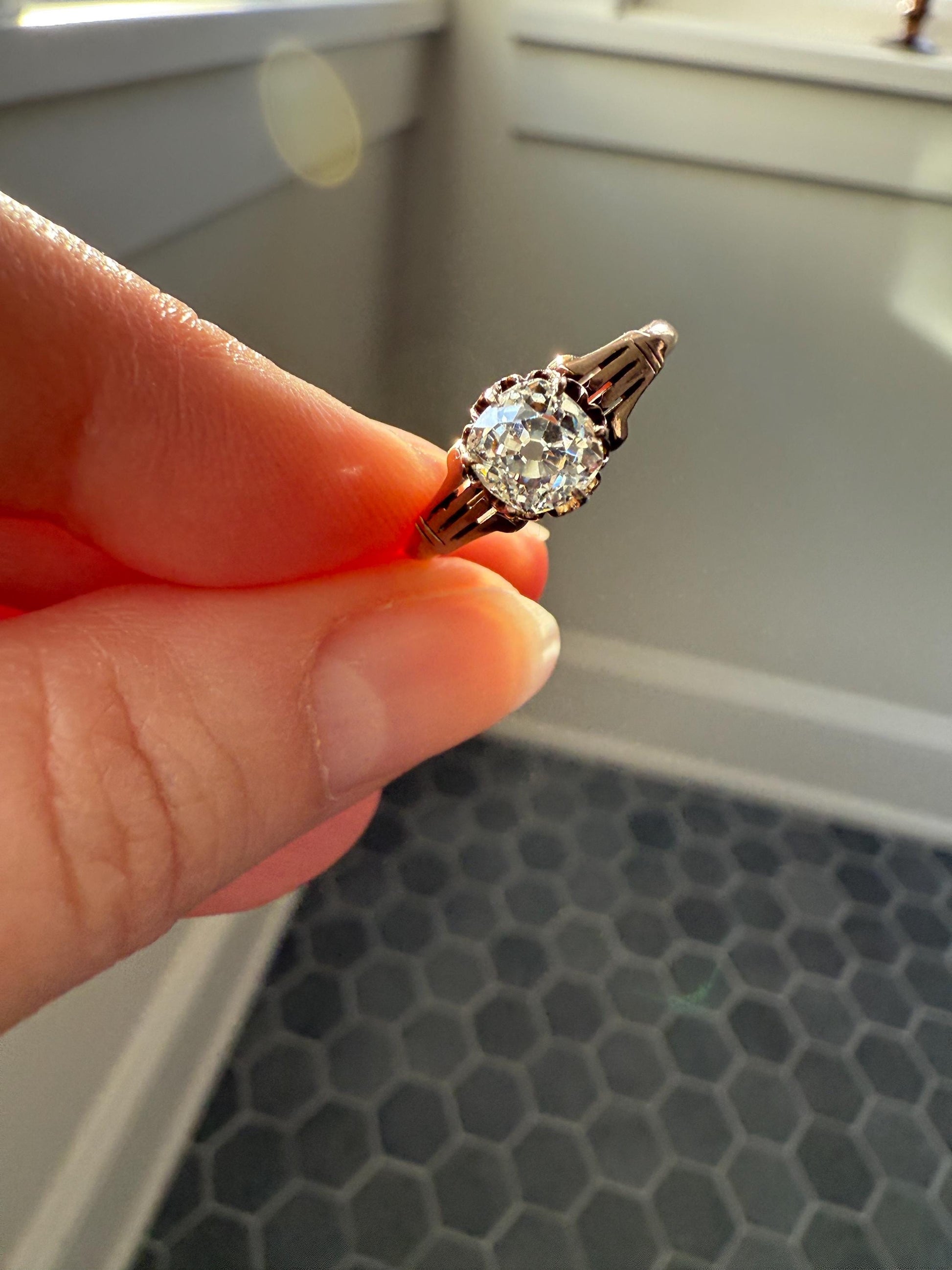 Tall Ornate French Victorian Antique One Carat Old Mine Cut DIAMOND Solitaire Engagement Ring 10k Rose Gold Scrolled Tulip Shoulders Stacker