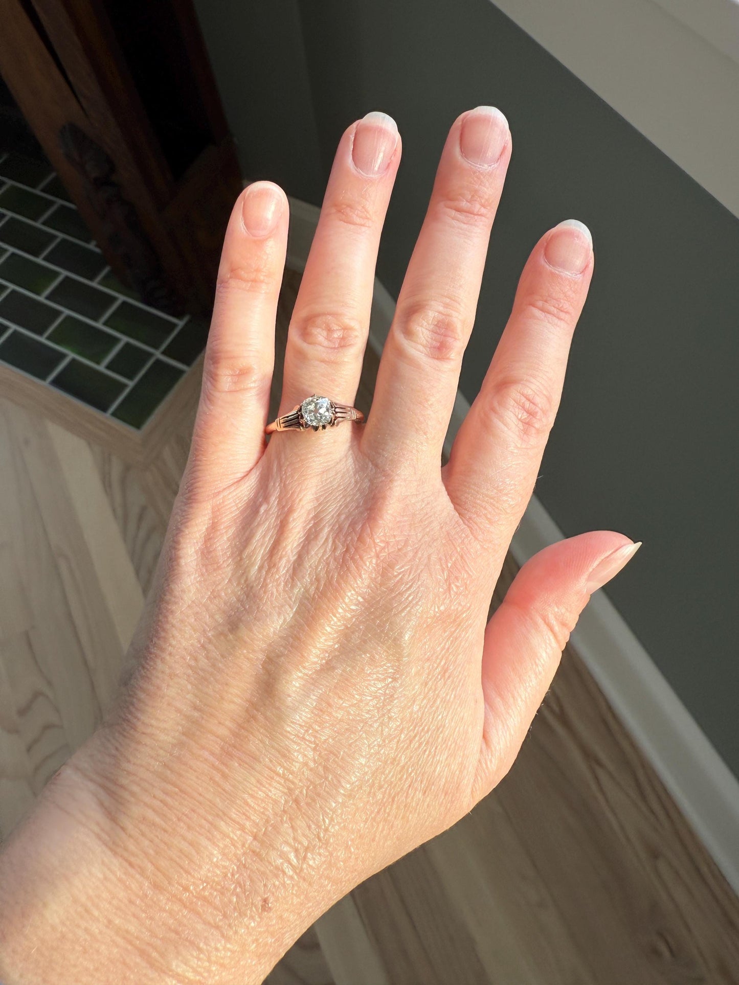 Tall Ornate French Victorian Antique One Carat Old Mine Cut DIAMOND Solitaire Engagement Ring 10k Rose Gold Scrolled Tulip Shoulders Stacker